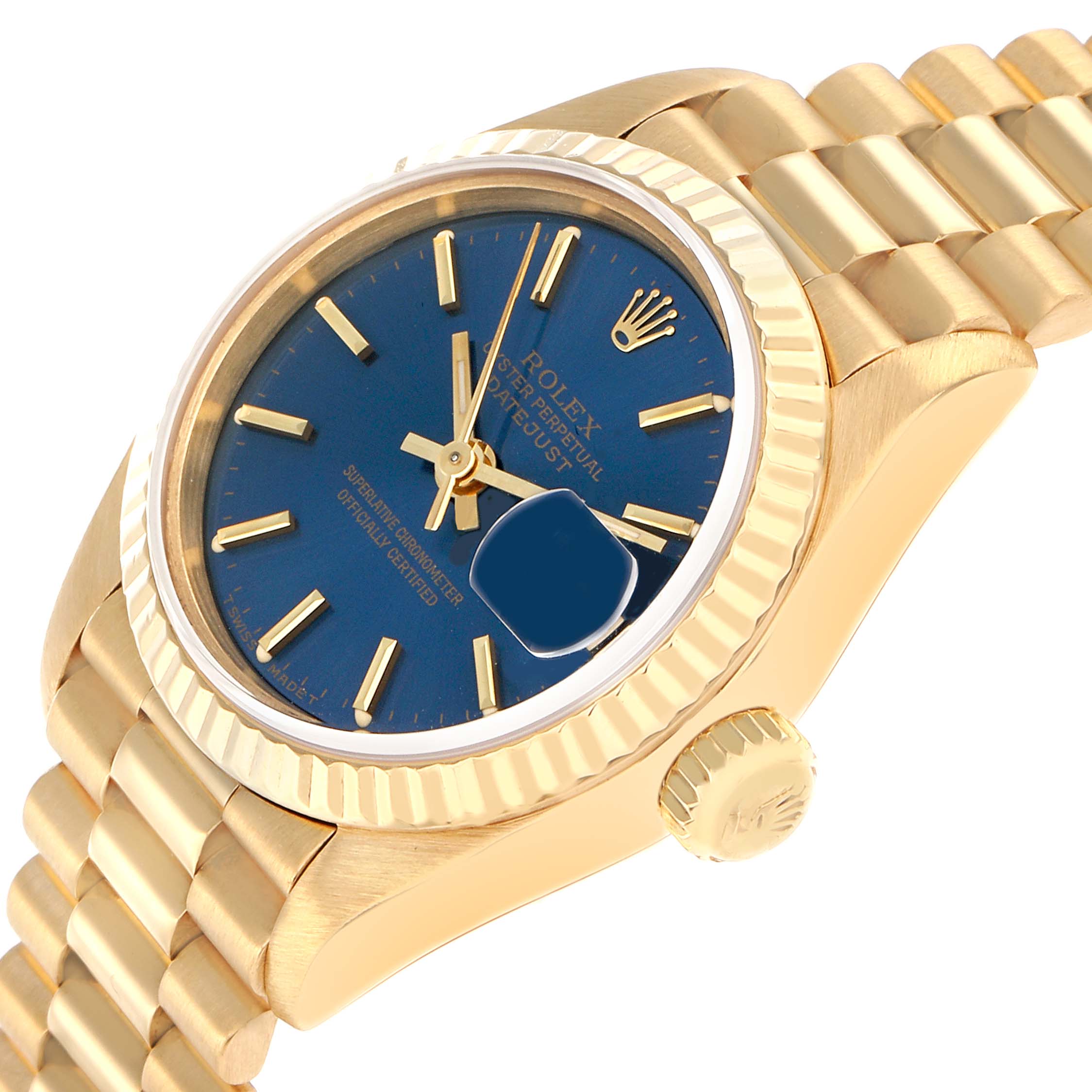 The Rolex President 69178 Women
s Yellow Gold Blue Dial watch is shown at a slight side angle, highlighting the gold case, blue dial, fluted bezel, and bracelet.