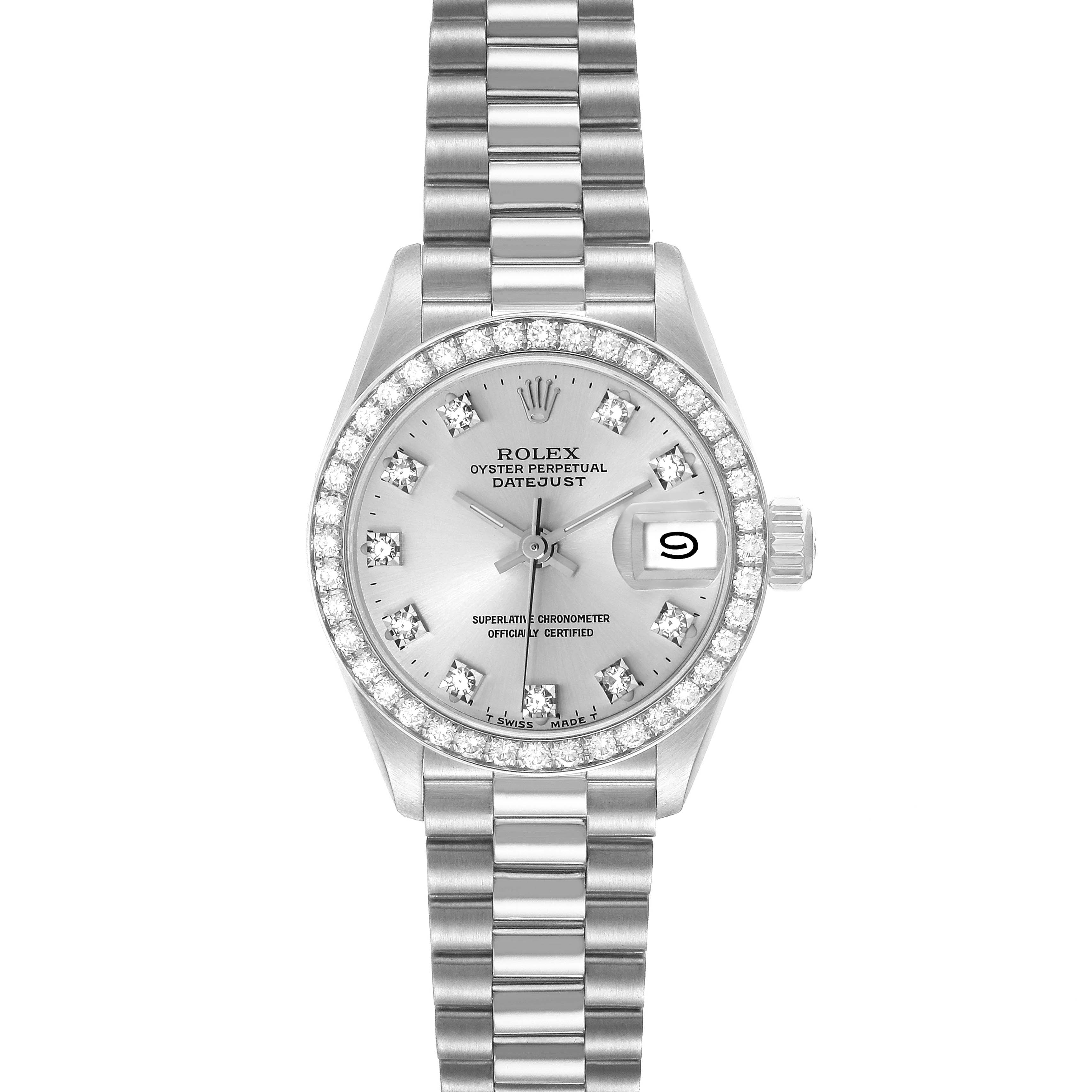 The Rolex President 69136 Men
s Platinum Silver Dial model watch is shown from a top view, featuring the bracelet, diamond-set bezel, dial, hands, and date window.