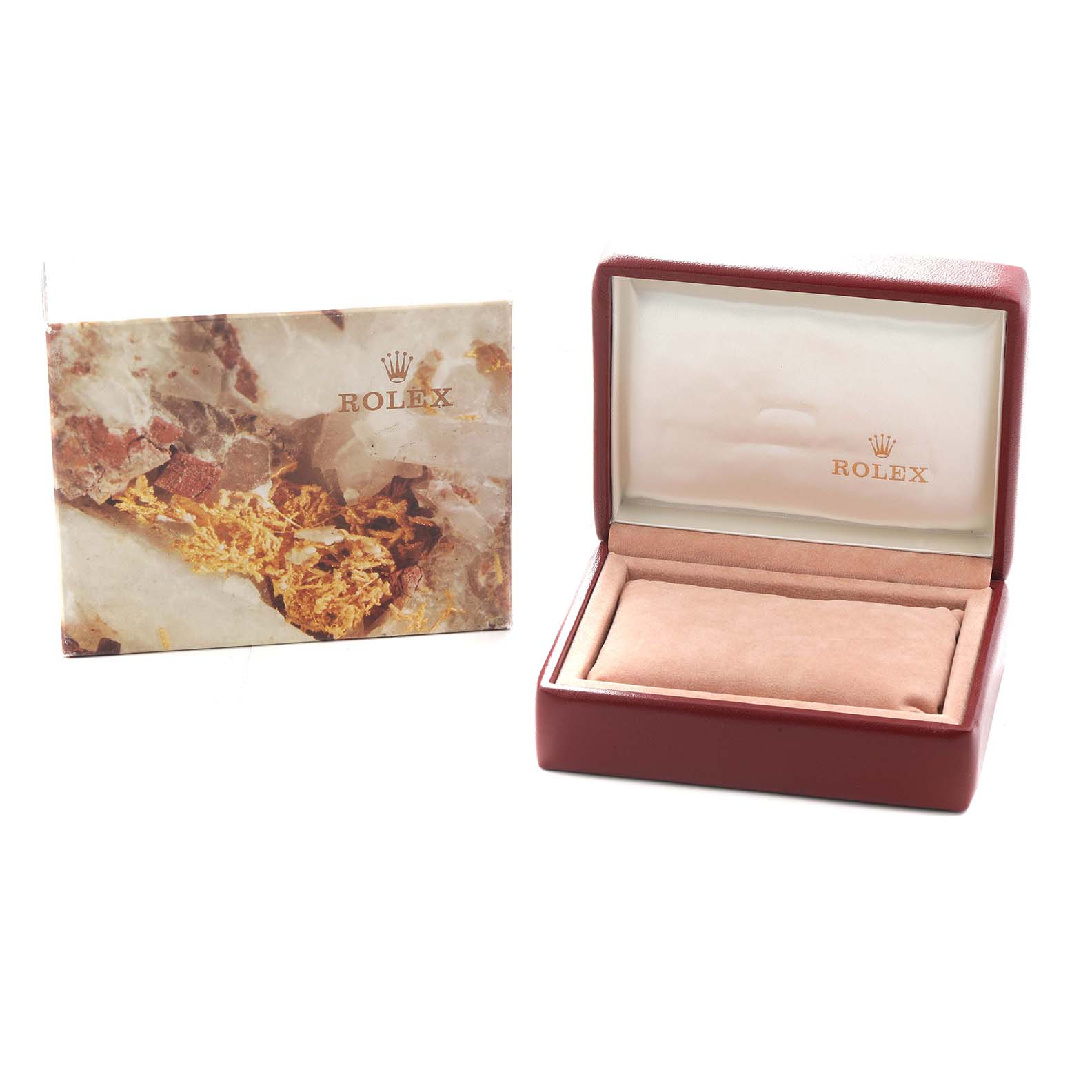 The image shows an open Rolex President 69136 Men
s Platinum Silver Dial model watch box and a decorative card, viewed from the front.