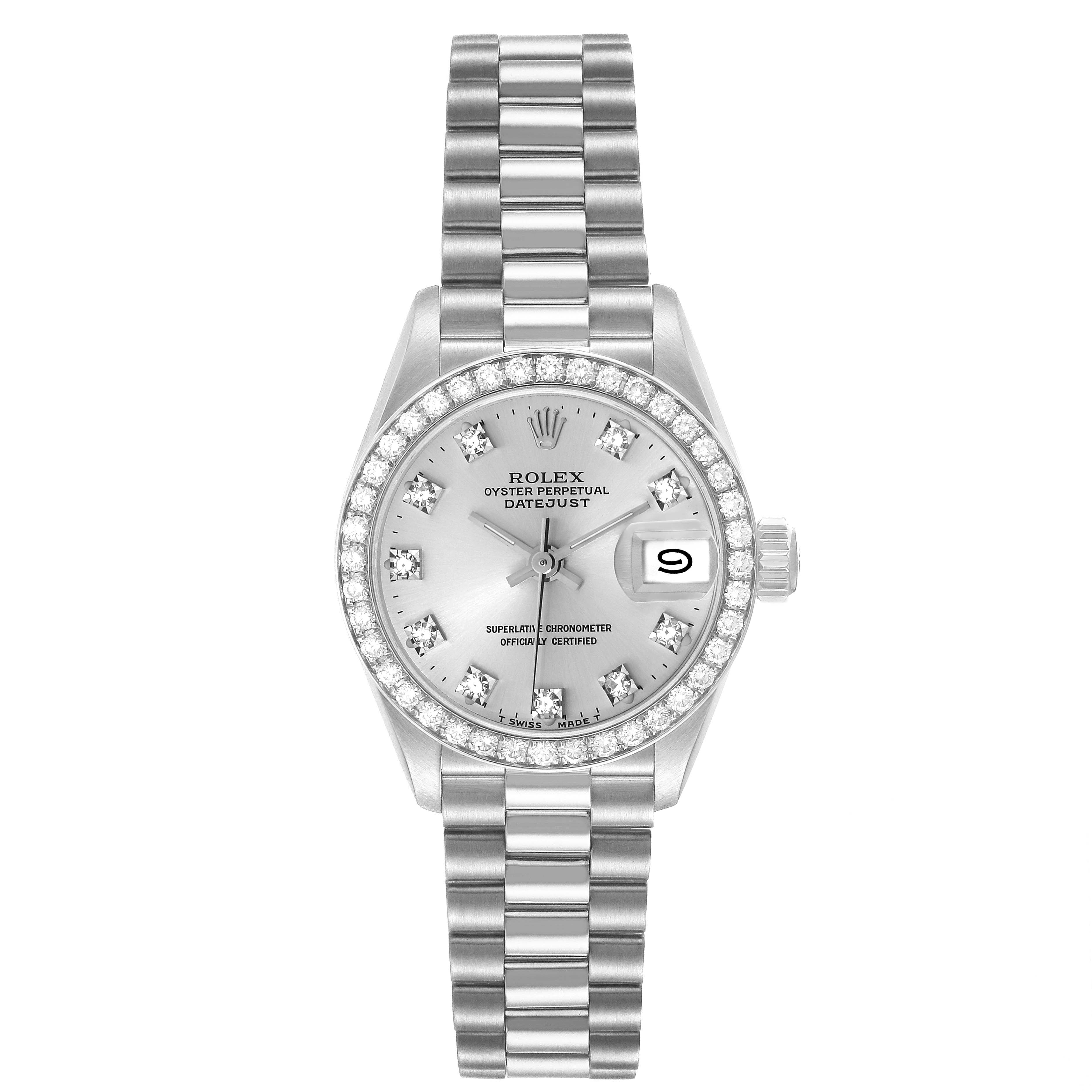The Rolex President 69136 Men
s Platinum Silver Dial watch is shown from a top-down angle, highlighting the bracelet, bezel, dial, and date feature.