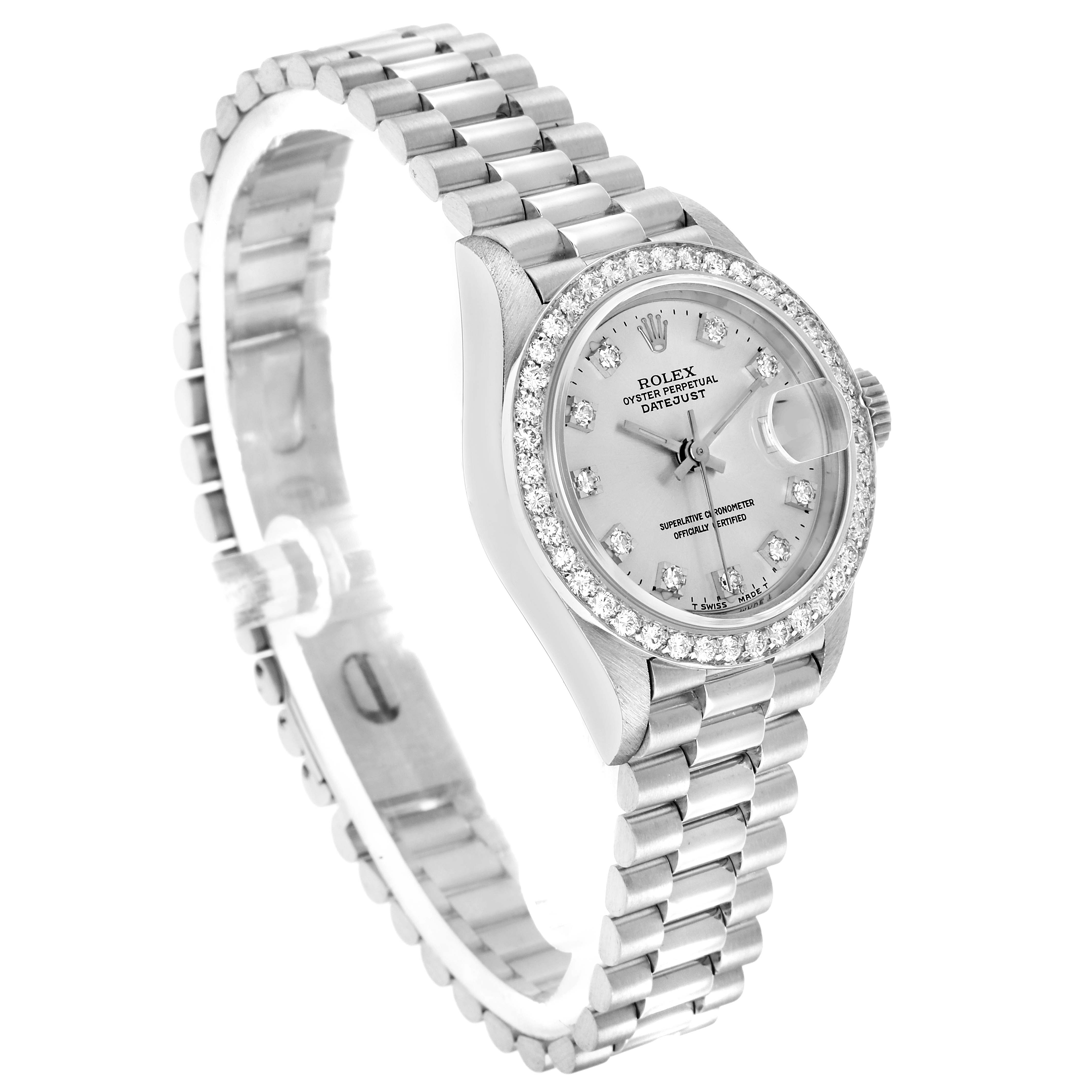 The Rolex President 69136 Men
s Platinum Silver Dial model is shown in a side angle, highlighting its face, bezel, and bracelet.