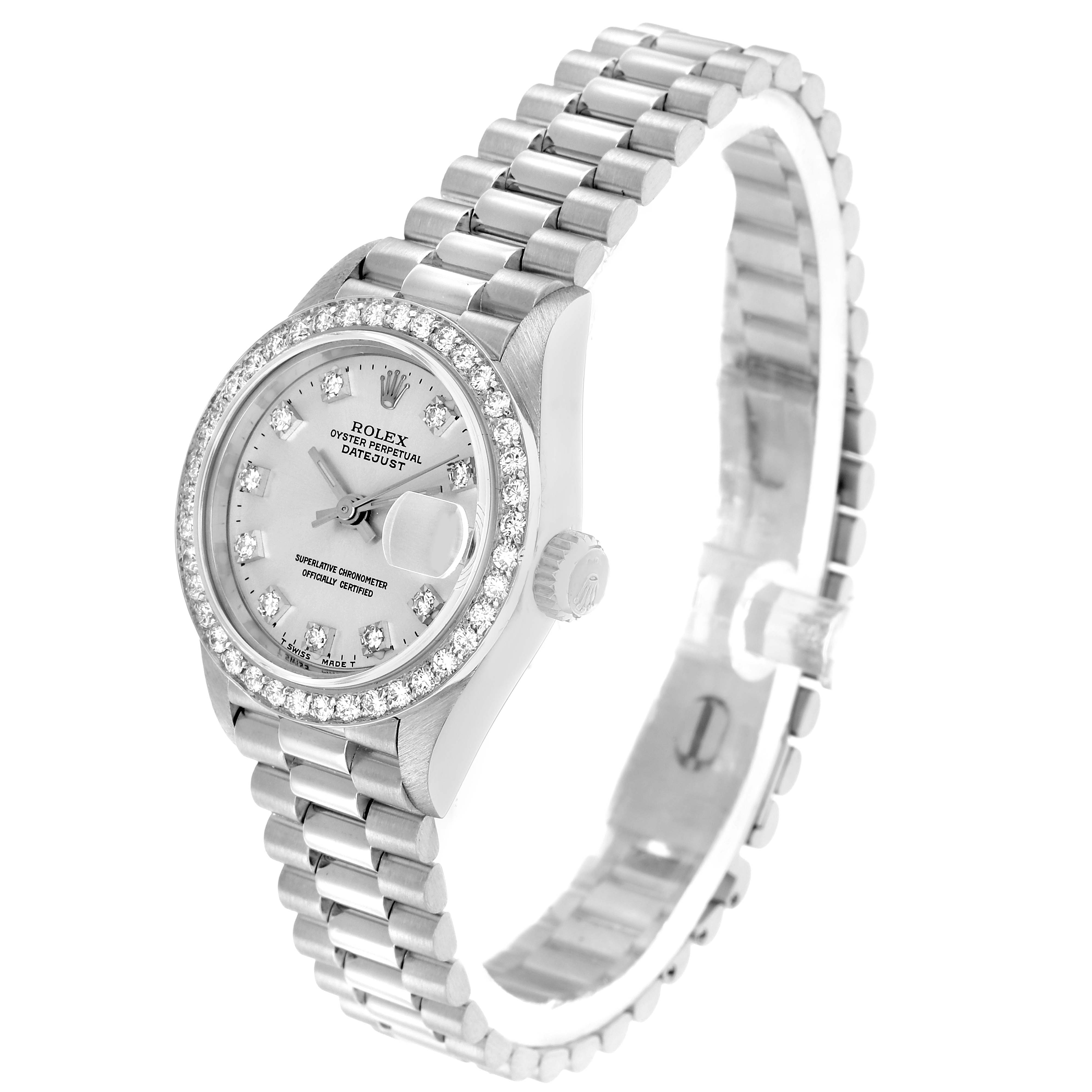 The Rolex President 69136 Men
s Platinum Silver Dial watch is shown at an angled side view, displaying the face, bezel, and band.