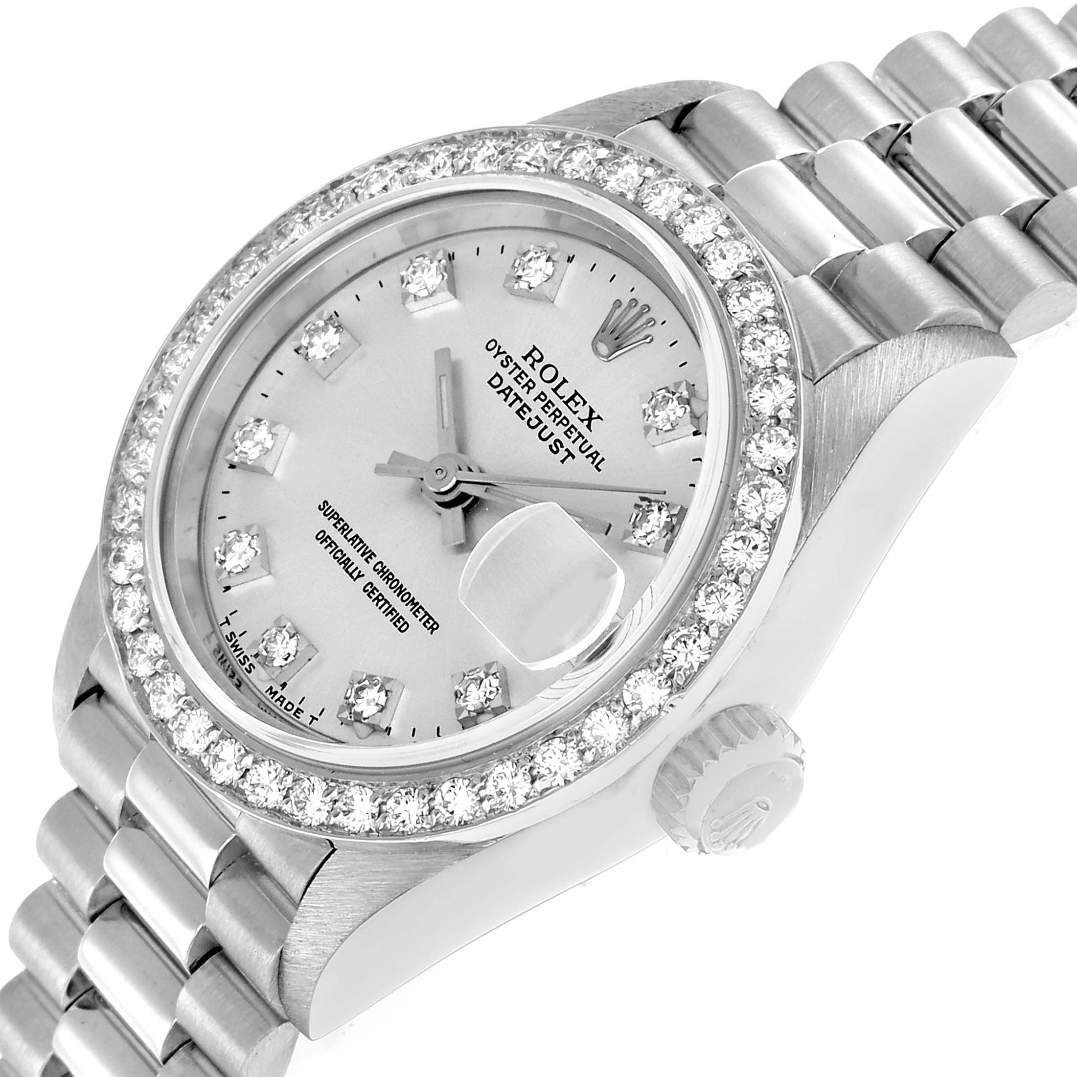 The Rolex President 69136 Men
s Platinum Silver Dial model watch is shown at an angled view, highlighting the diamond-encrusted bezel, dial, crown, and bracelet.