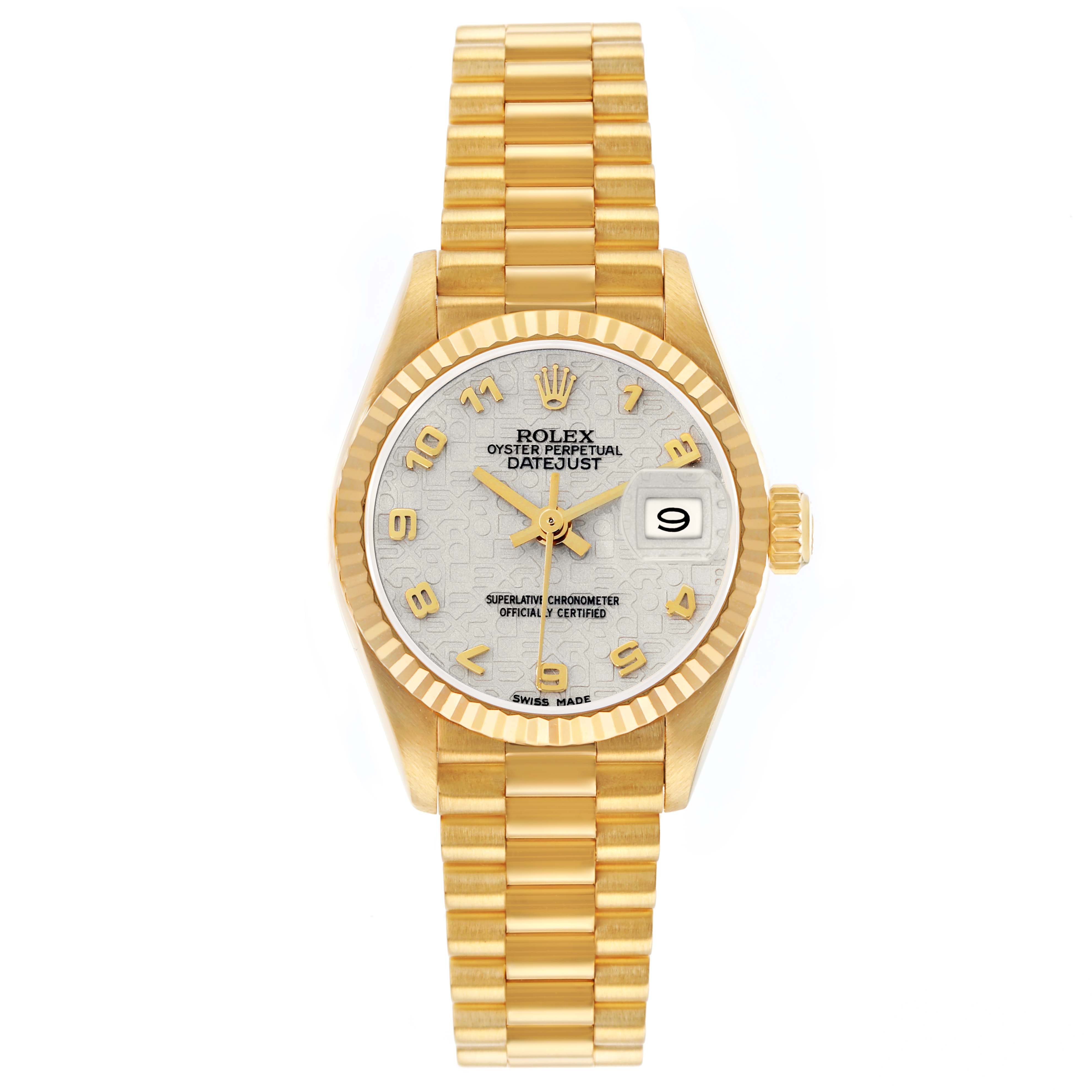 The Rolex President 69178 Women
s Yellow Gold White Dial model is shown in a front view, highlighting the gold bracelet, dial, and fluted bezel.