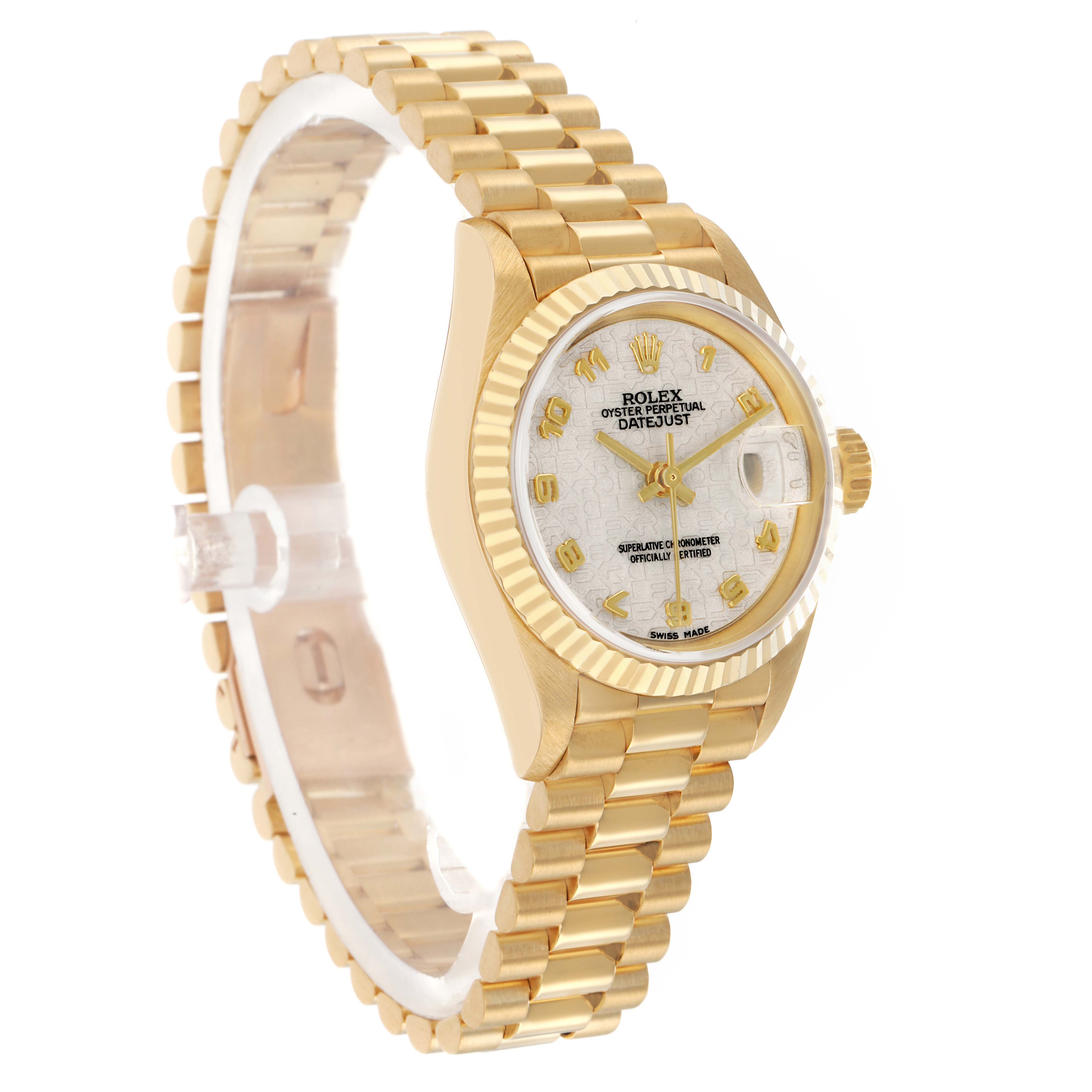 The Rolex President 69178 Women
s Yellow Gold White Dial model is shown at a three-quarter angle, highlighting its gold case, fluted bezel, and bracelet.