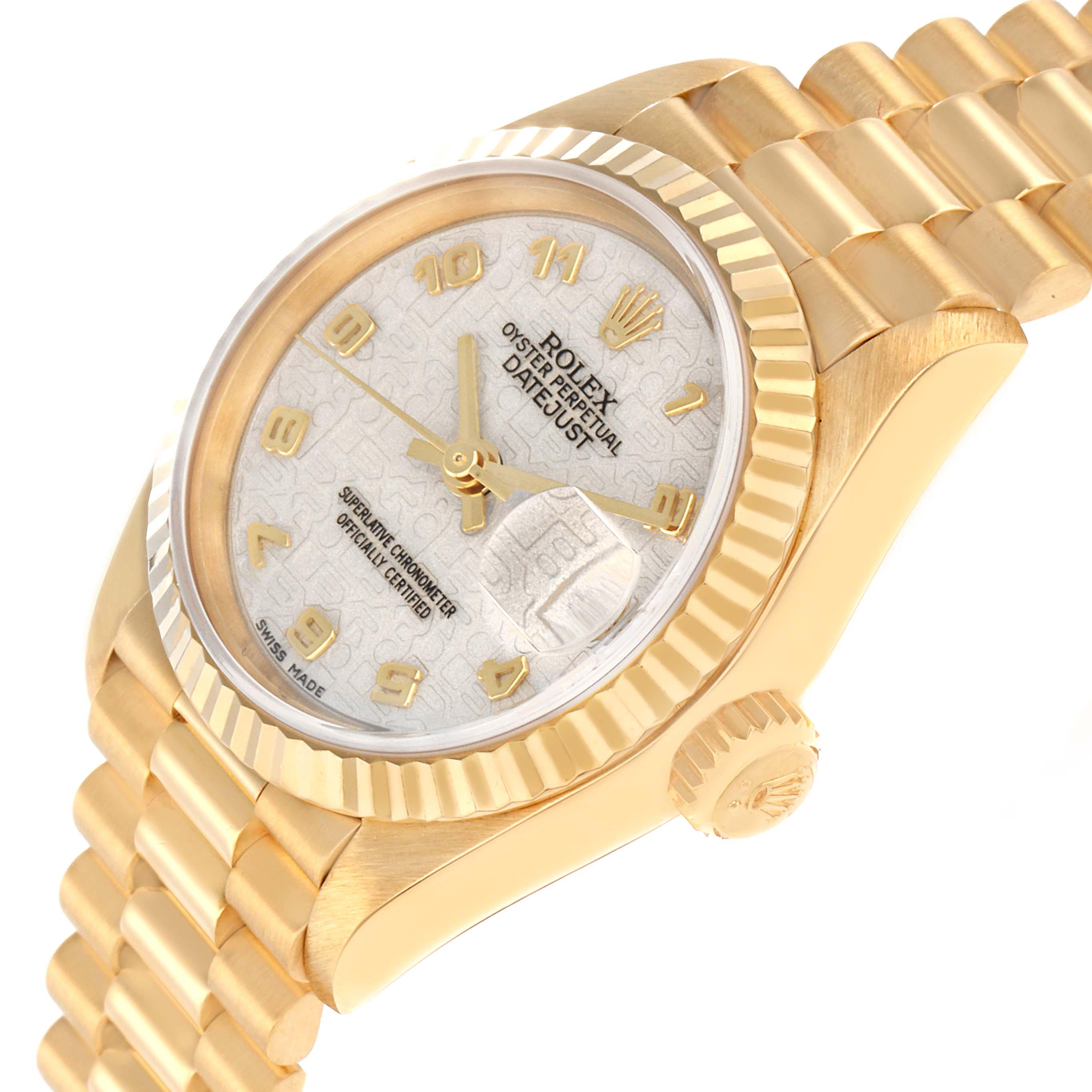 The Rolex President 69178 Women
s Yellow Gold White Dial model watch is shown at an oblique angle highlighting the dial, bezel, and part of the bracelet.