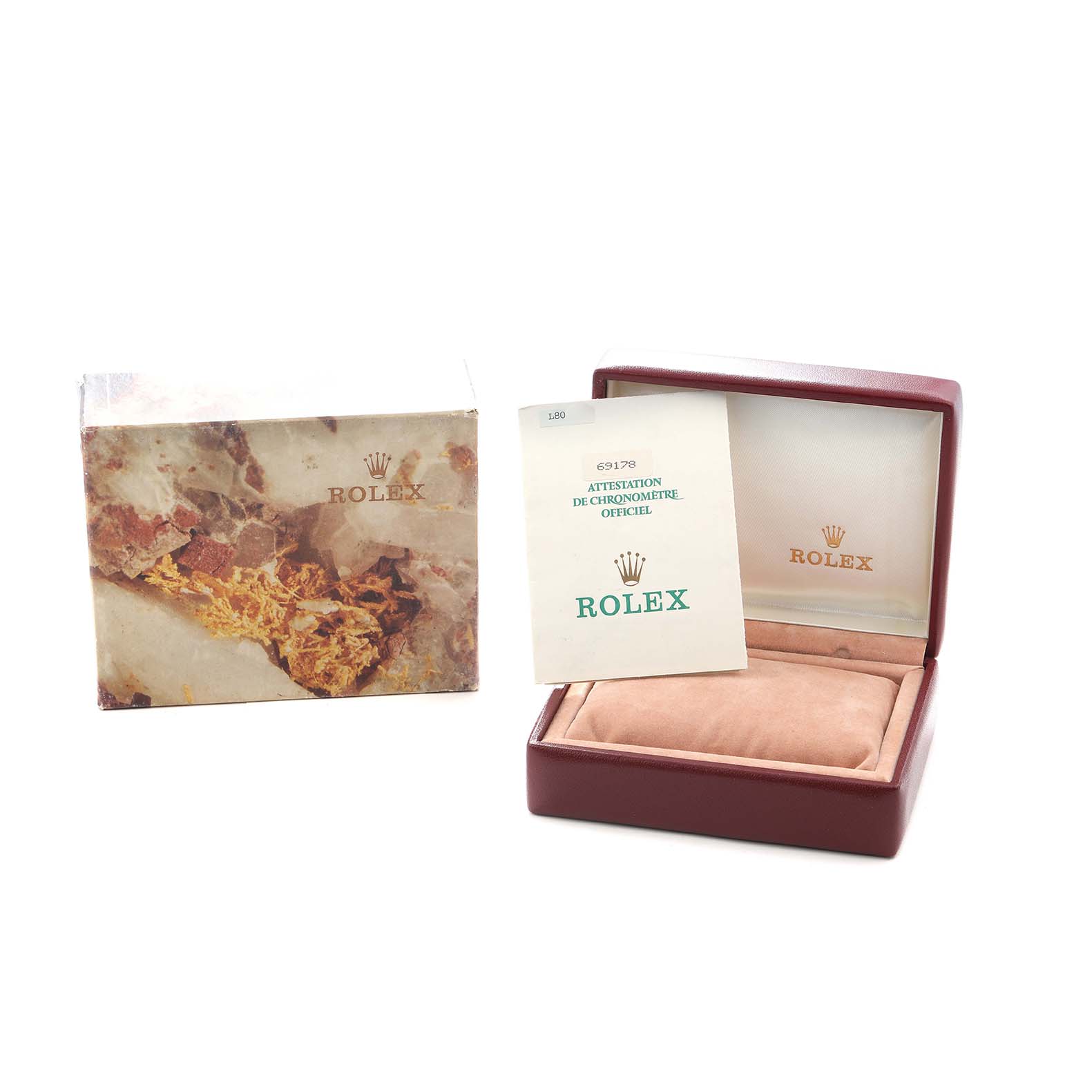 The image shows a Rolex President 69178 Women
s Yellow Gold White Dial model watch box, outer box, and certificate, viewed from the front.