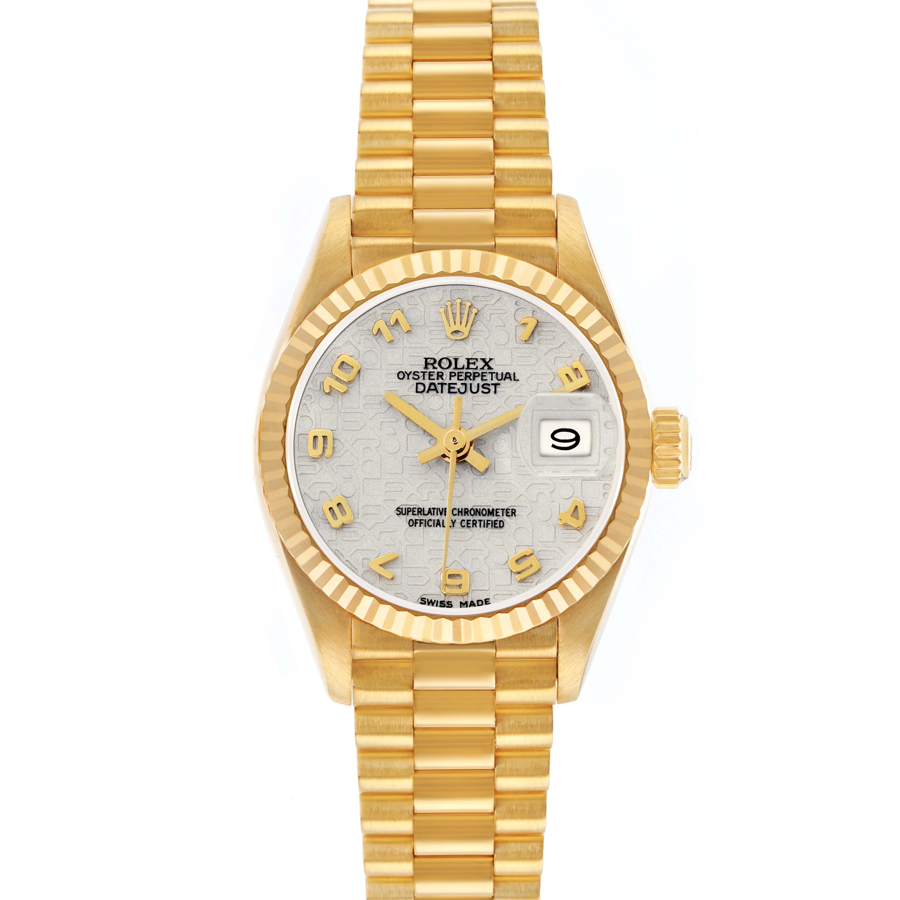 The Rolex President 69178 Women
s Yellow Gold White Dial model watch is shown from a top-down angle, highlighting the bracelet, dial, bezel, and crown.