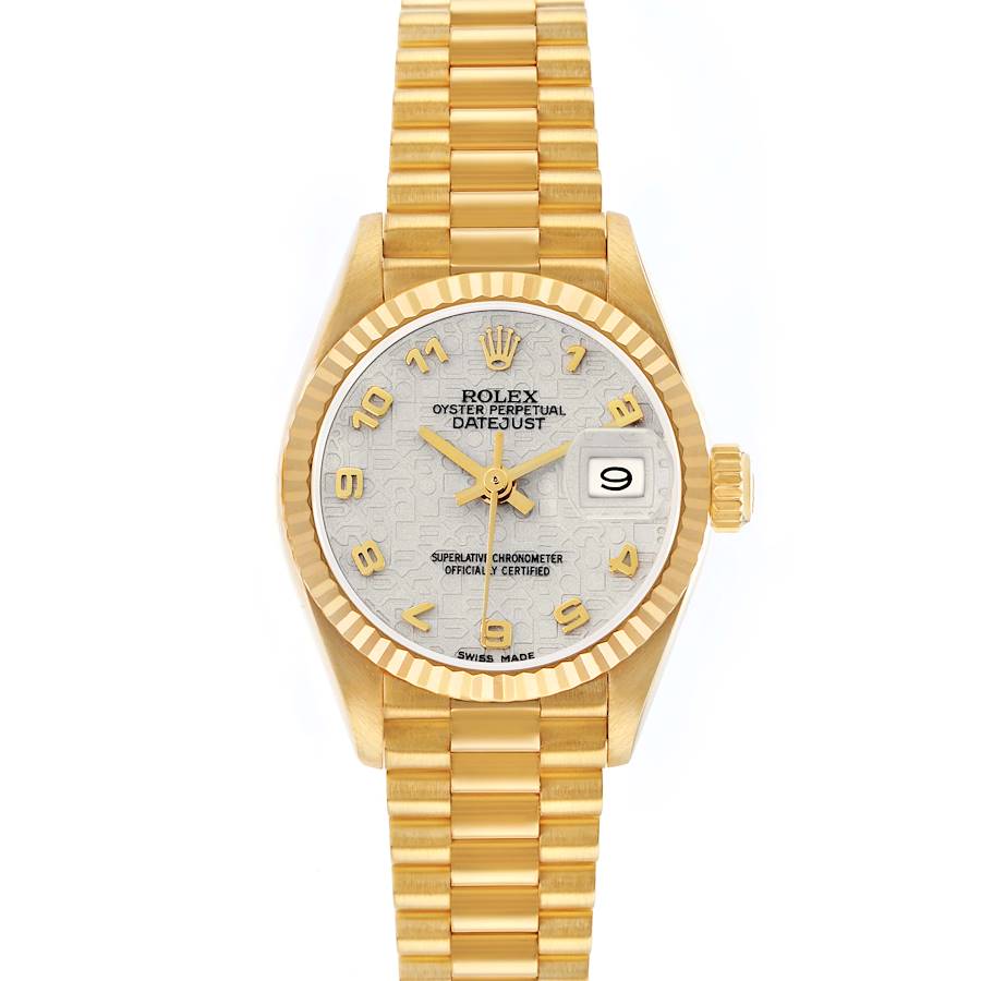 The Rolex President 69178 Women's Yellow Gold White Dial model watch is shown from a top-down angle, highlighting the bracelet, dial, bezel, and crown.