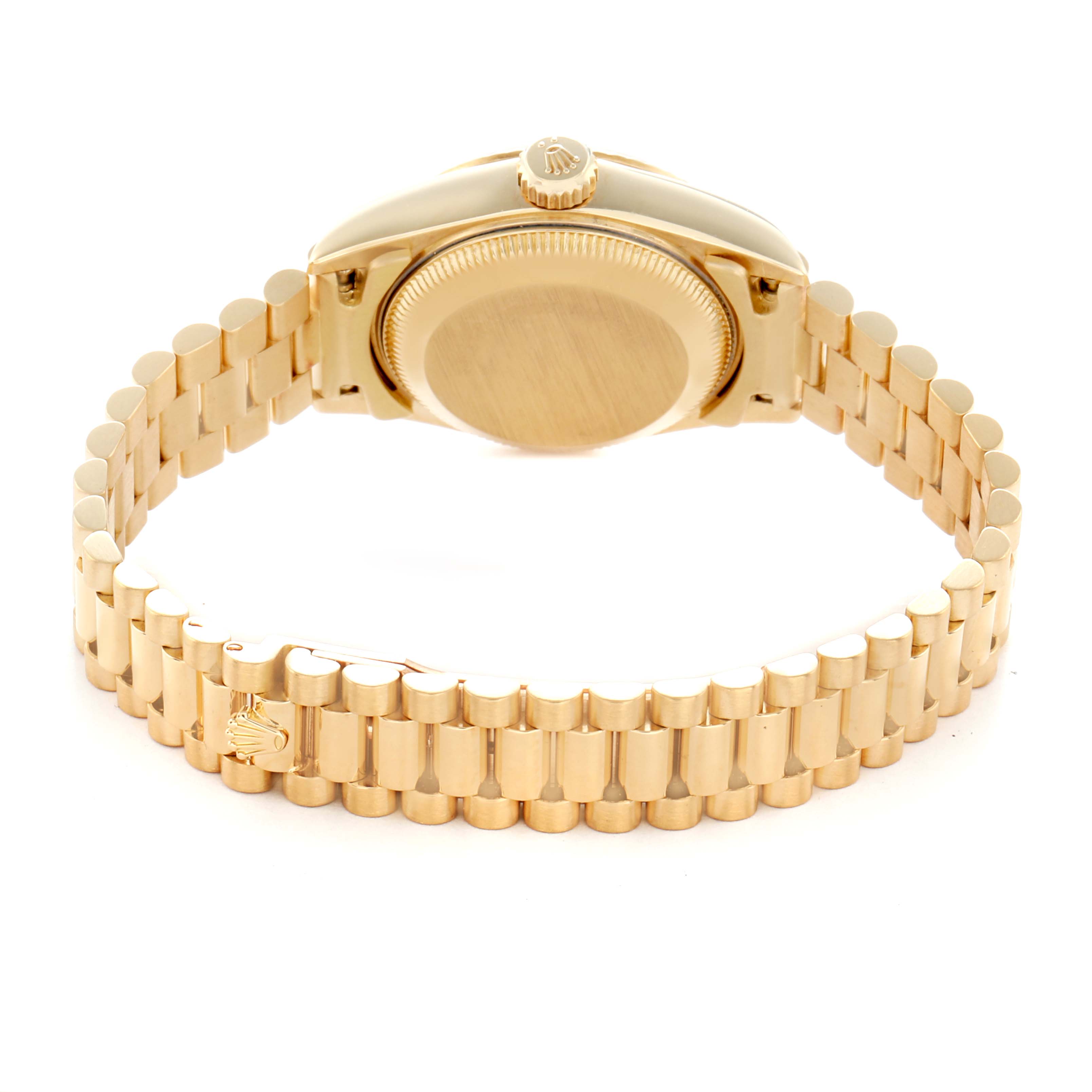 The image shows the back of a Rolex President 69178 Women
s Yellow Gold White Dial model, focusing on the case and bracelet.