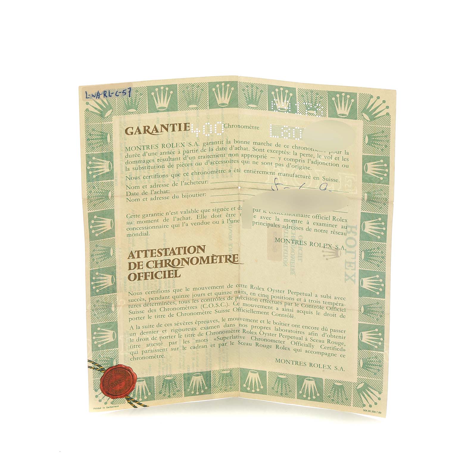 The image shows a folded warranty paper for a Rolex President 69178 Women
s Yellow Gold White Dial model, featuring the brand
s logo and text.