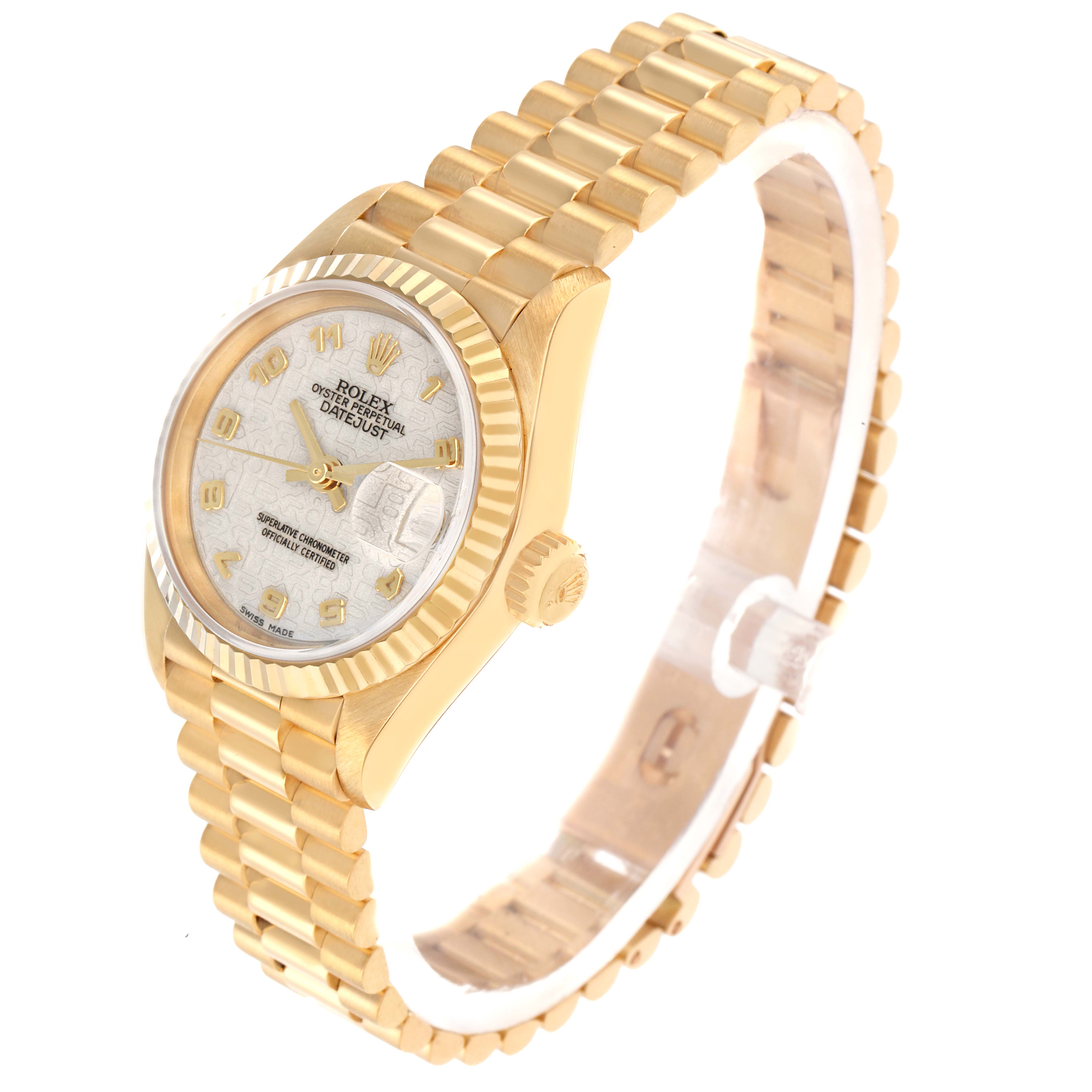 The Rolex President 69178 Women
s Yellow Gold White Dial watch is shown at a 3/4 angle, displaying the dial, bezel, crown, and bracelet.