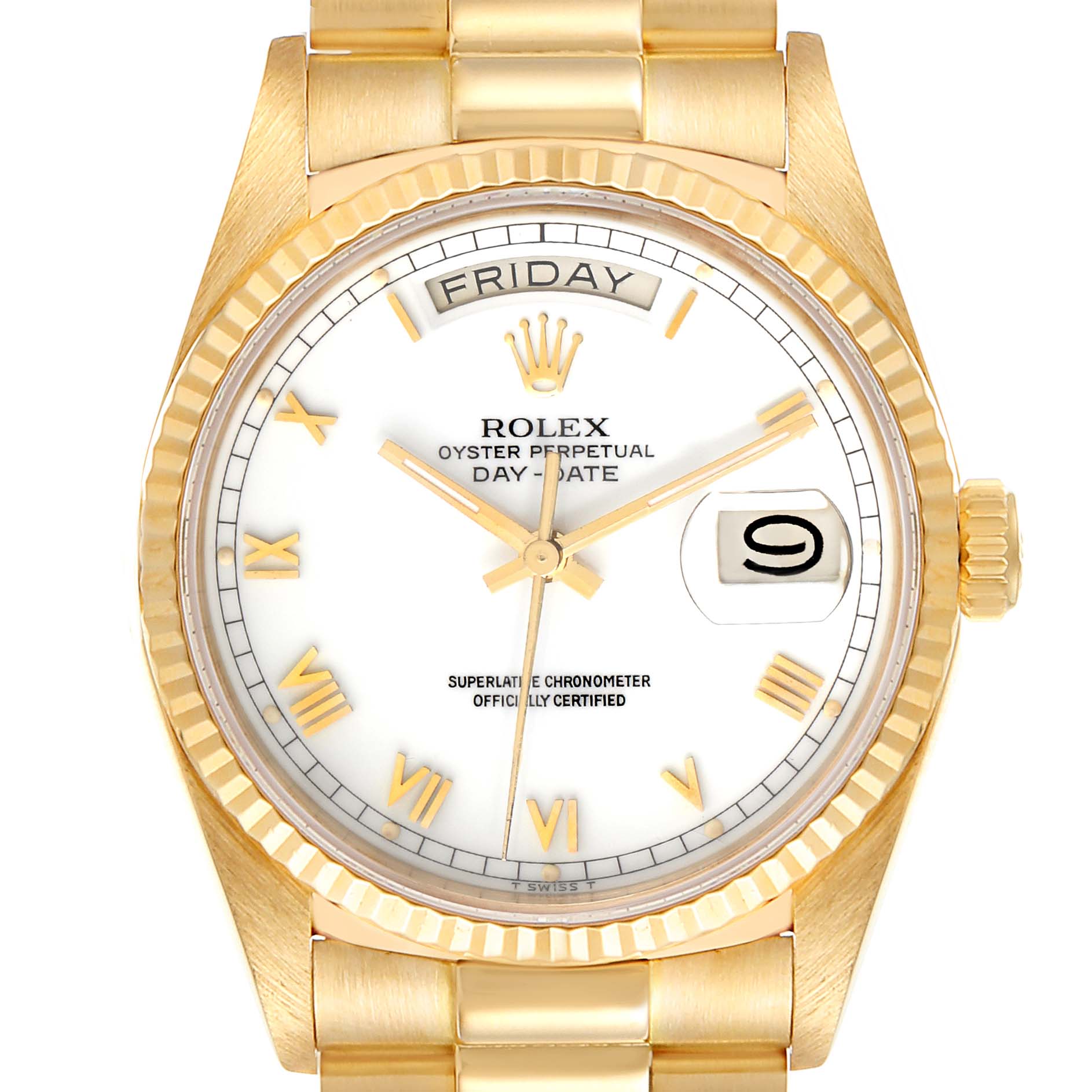 The image shows a front view of a Rolex President 18038 Men's Yellow Gold White Dial 18038 Men's Yellow Gold White Dial model watch, highlighting its gold case, bracelet, day-date display, and dial.