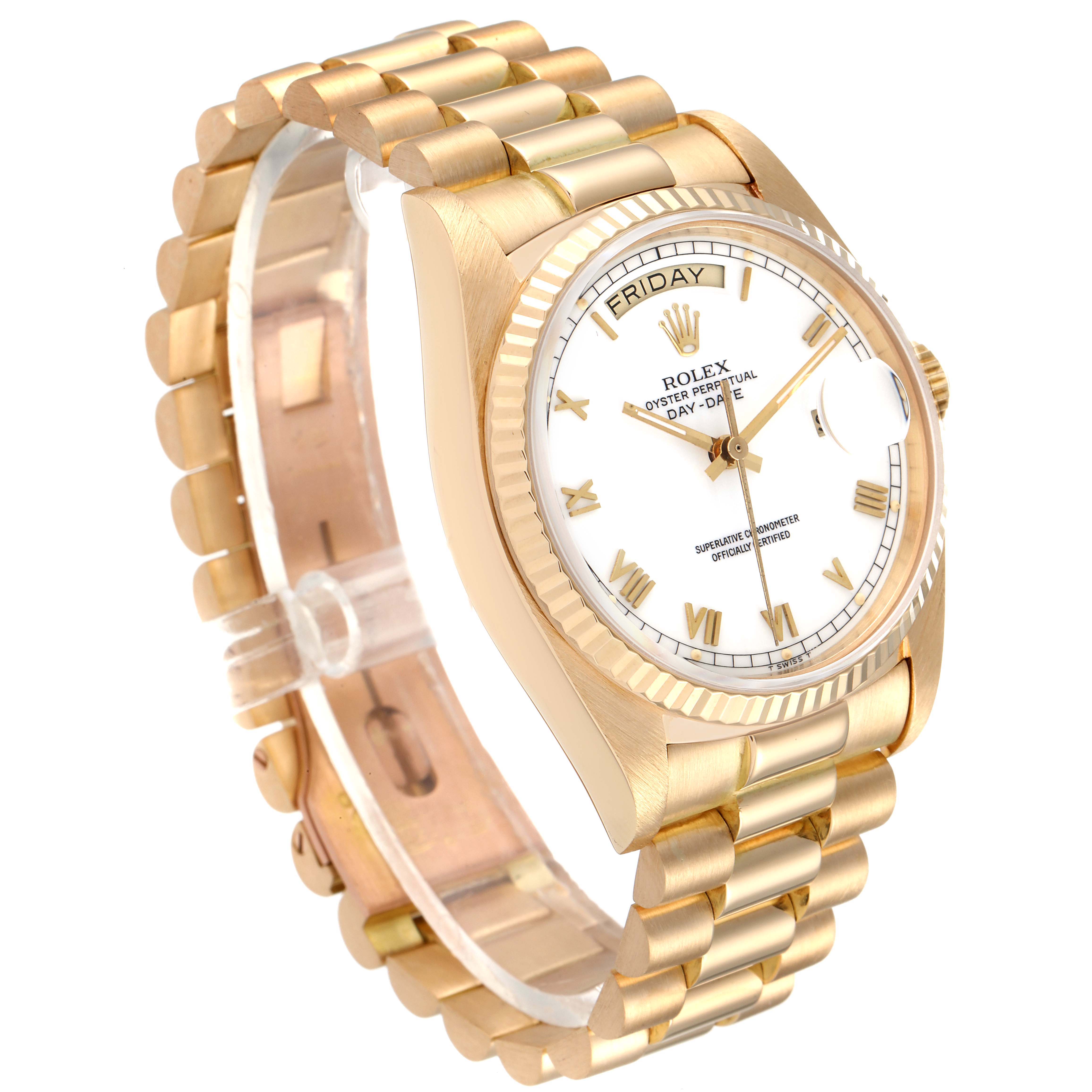 This image shows a Rolex President 18038 Men's Yellow Gold White Dial 18038 Men's Yellow Gold White Dial model watch angled to display the gold strap, white dial, and day-date features.