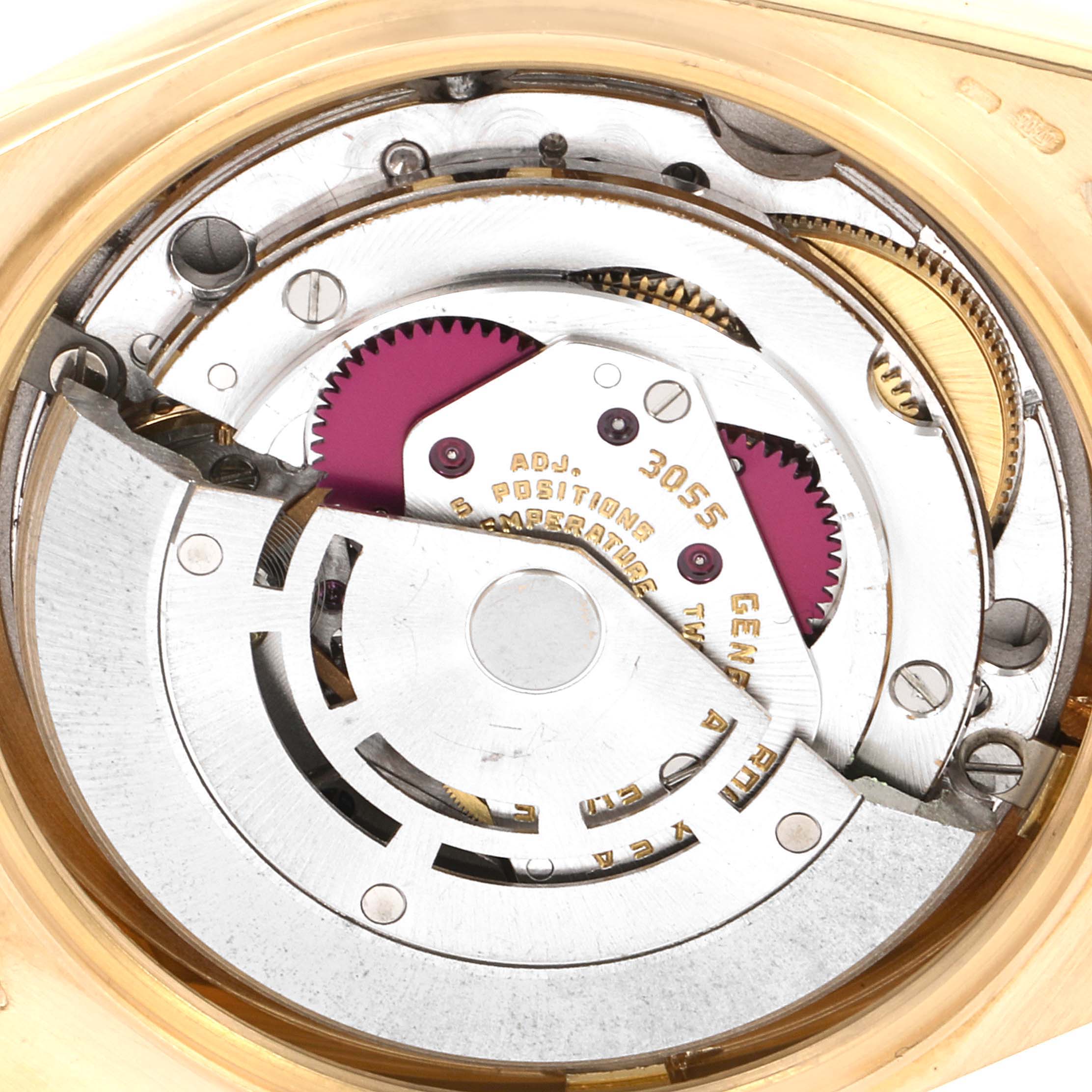 The image shows the internal movement mechanism of a Rolex President 18038 Men's Yellow Gold White Dial 18038 Men's Yellow Gold White Dial model watch, viewed from the back.