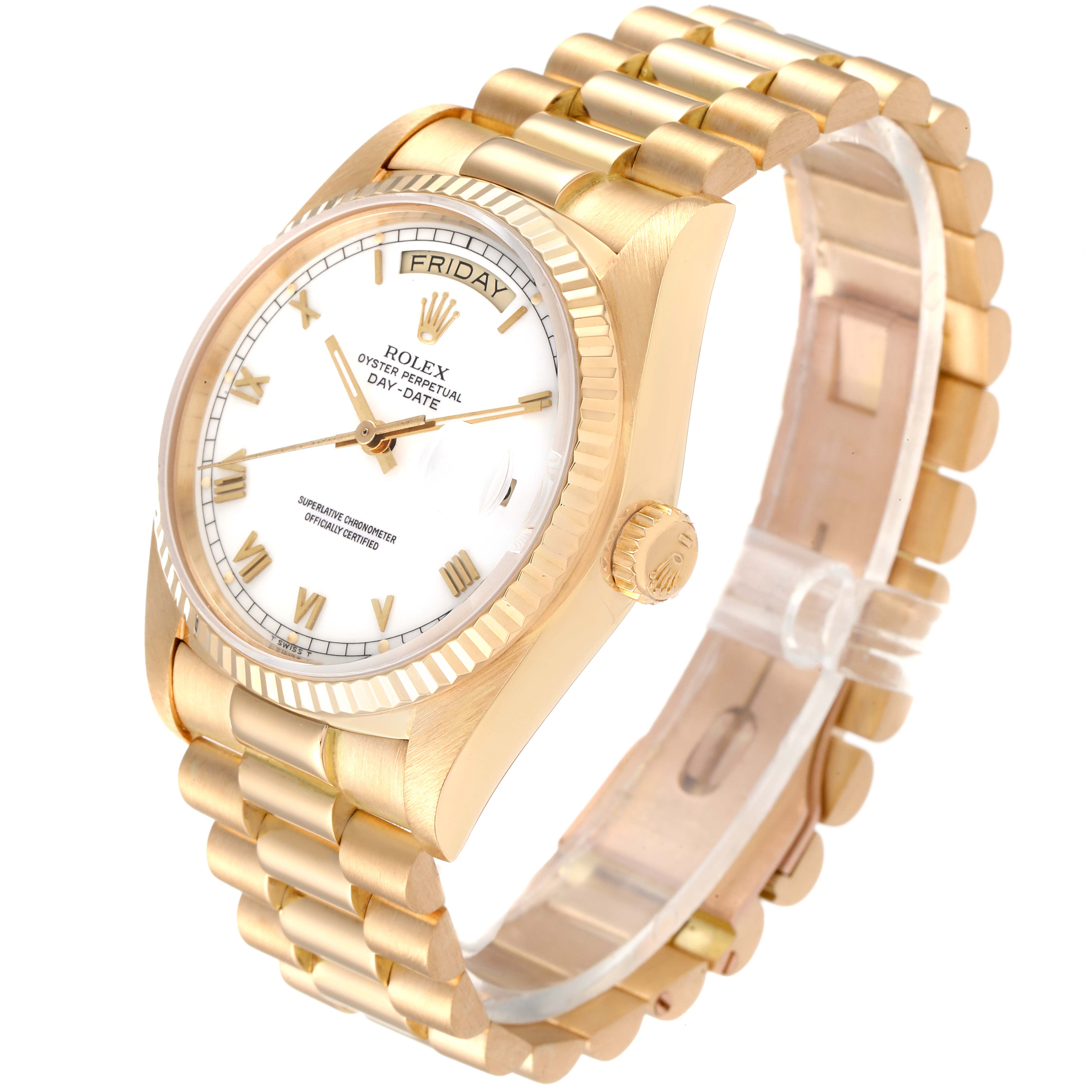 The image shows a Rolex President 18038 Men's Yellow Gold White Dial 18038 Men's Yellow Gold White Dial model watch at a slight angle, displaying its face, bezel, and part of the bracelet band.