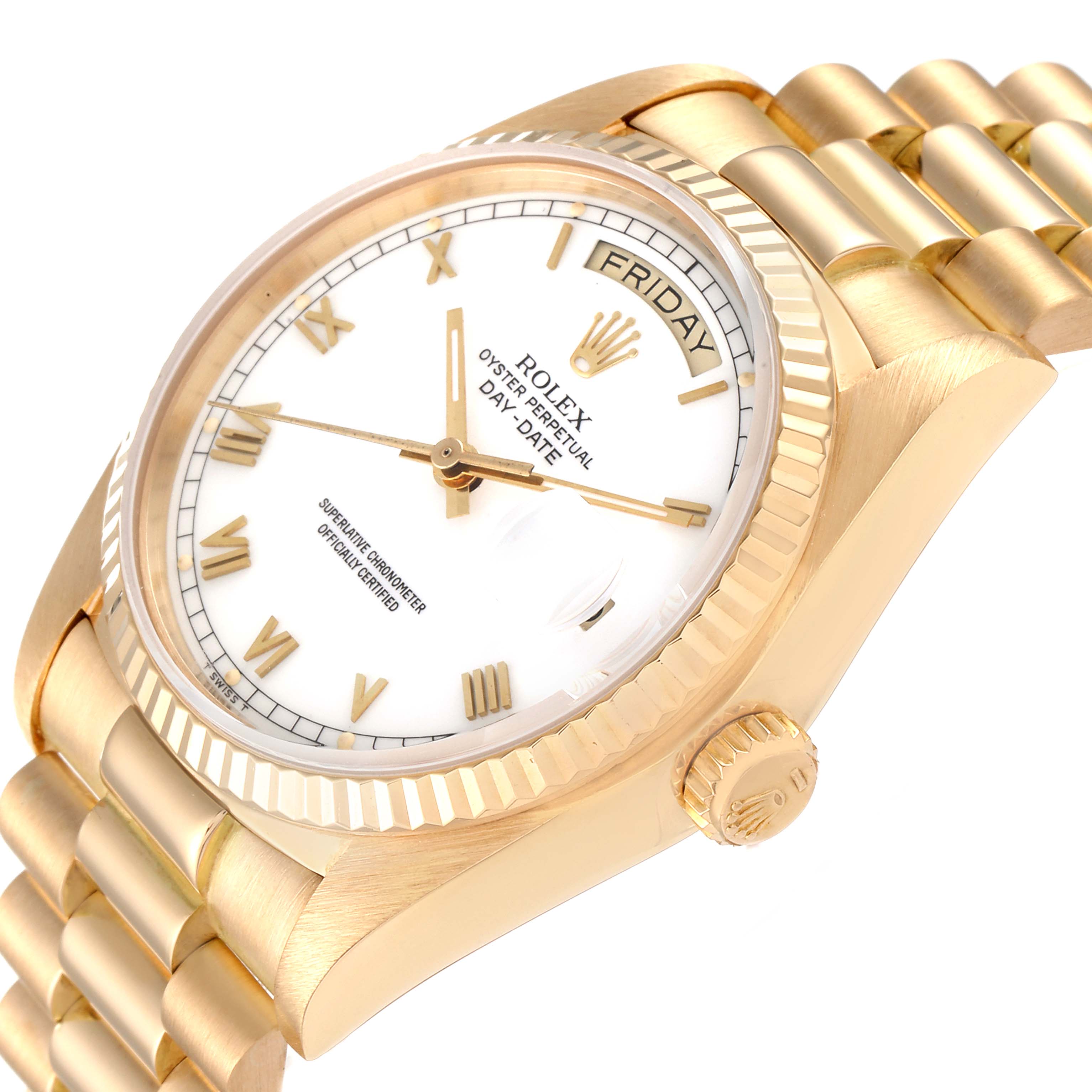 The image shows a close-up of a Rolex President 18038 Men's Yellow Gold White Dial 18038 Men's Yellow Gold White Dial model watch at an angle, highlighting the face, crown, and band.