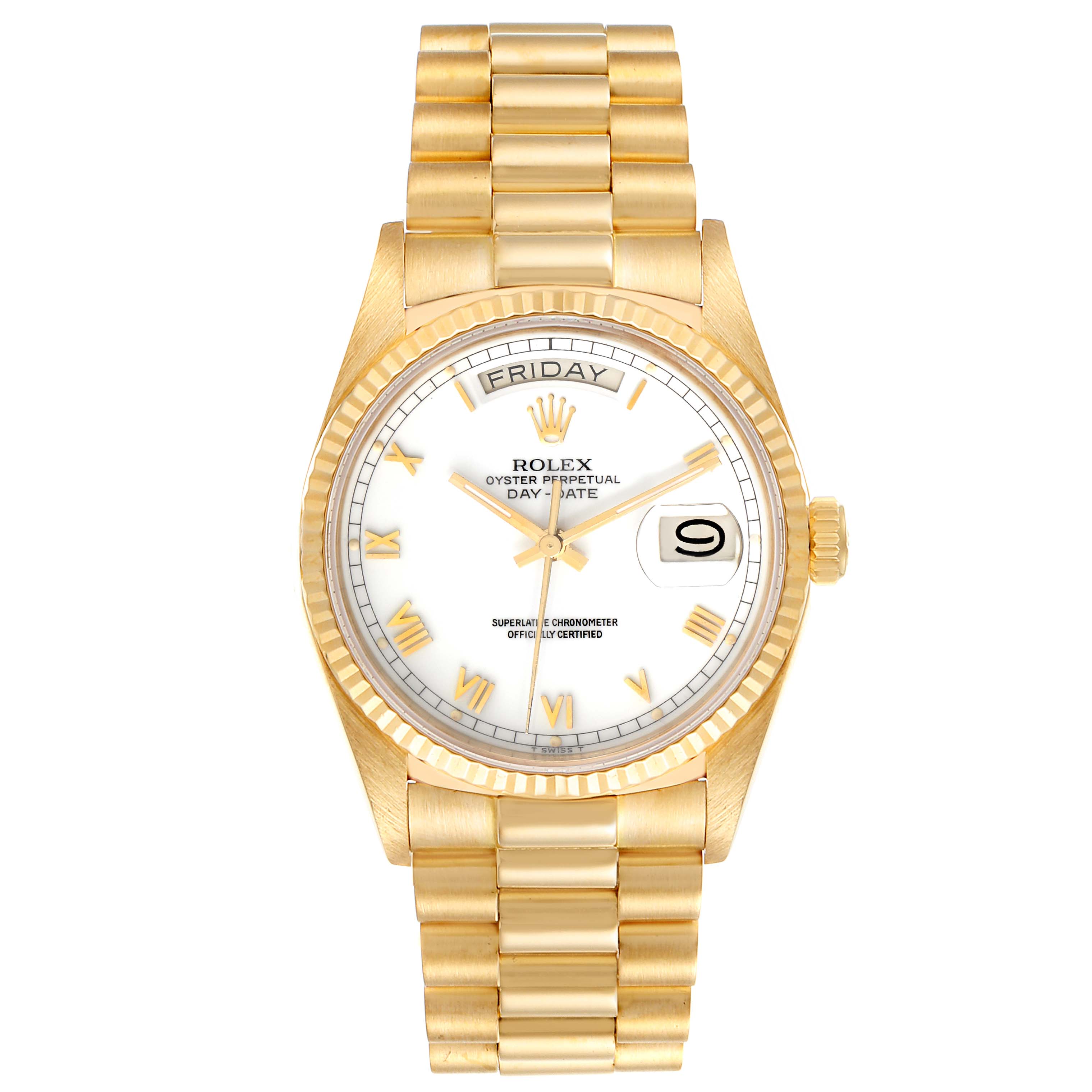 The image shows a front view of a gold Rolex President 18038 Men's Yellow Gold White Dial 18038 Men's Yellow Gold White Dial model watch, including the dial, hour markers, hands, and bracelet.