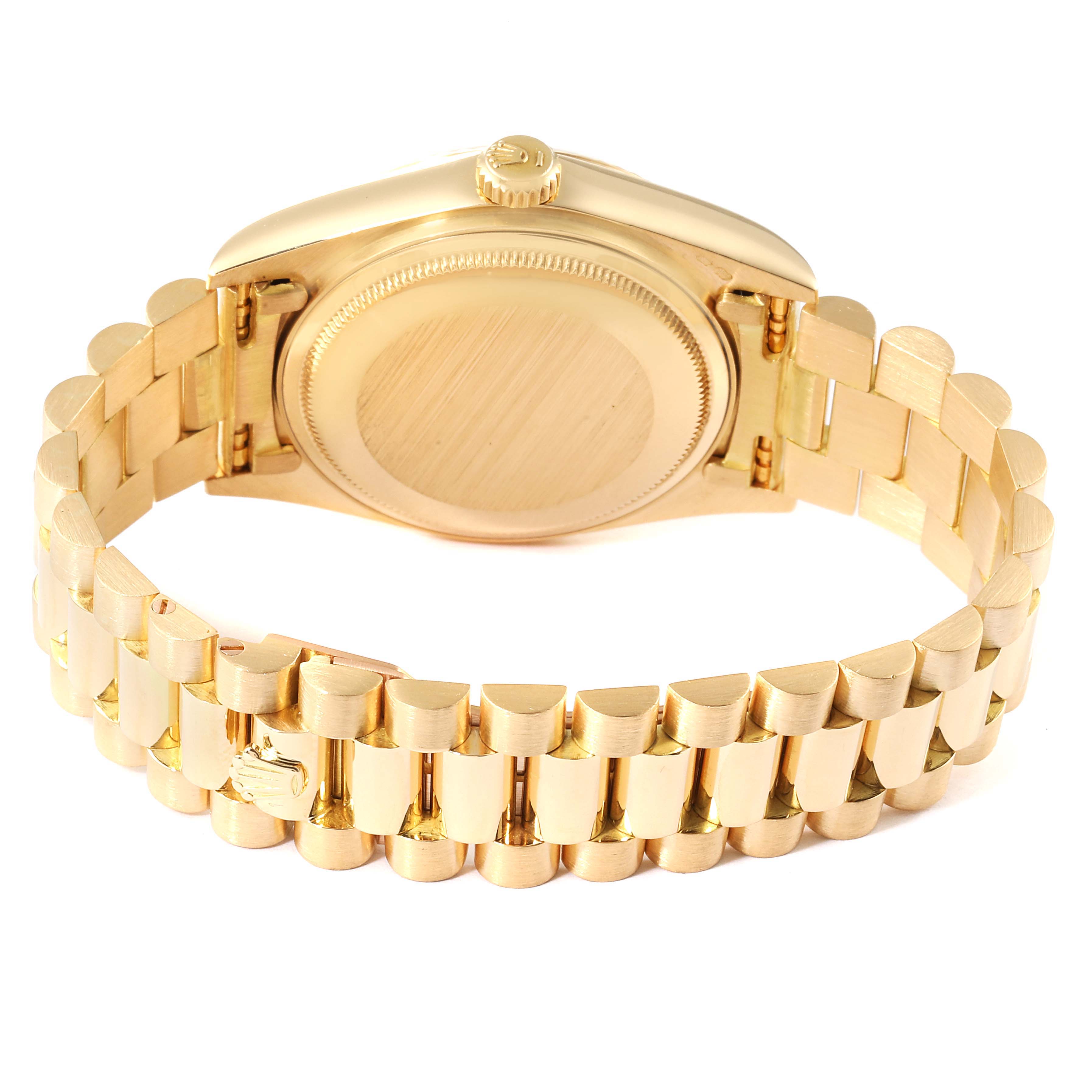 The image shows the back case and bracelet of the Rolex President 18038 Men's Yellow Gold White Dial 18038 Men's Yellow Gold White Dial model watch, viewed from the rear.