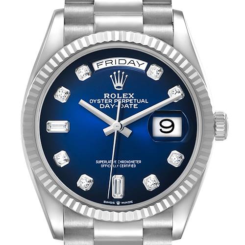 The Rolex President 128239 Men's White Gold Blue Dial model is shown from the front, highlighting its blue dial, fluted bezel, day-date window, and diamond hour markers.