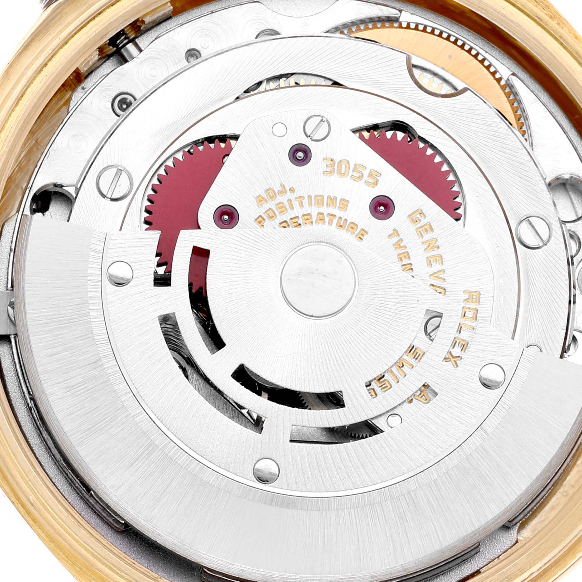 The image shows the movement mechanism of the Rolex President 18038 Men
s Yellow Gold Champagne Dial 18038 Men
s Yellow Gold Champagne Dial model watch from a close-up, top angle.
