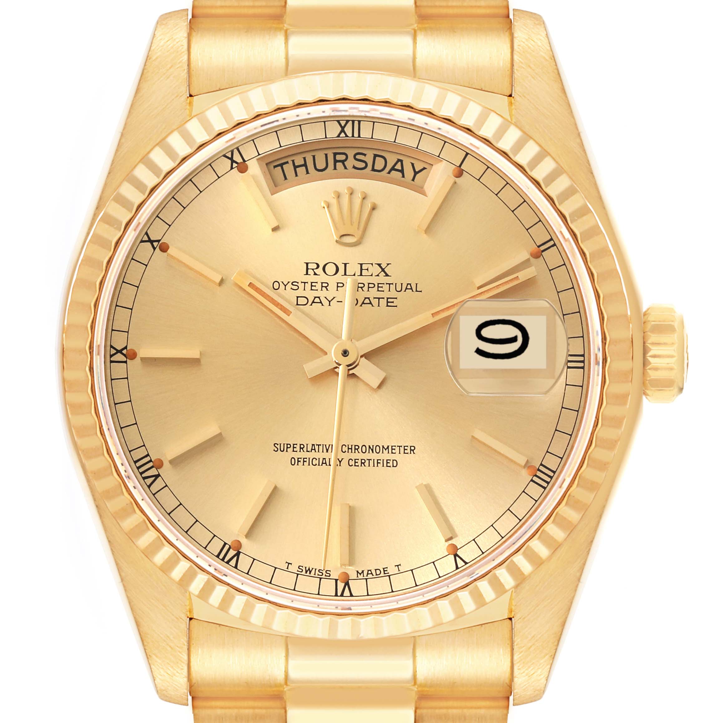 The image shows the Rolex President 18038 Men
s Yellow Gold Champagne Dial 18038 Men
s Yellow Gold Champagne Dial model watch from a front angle, highlighting the gold case, bracelet, dial, and fluted bezel.