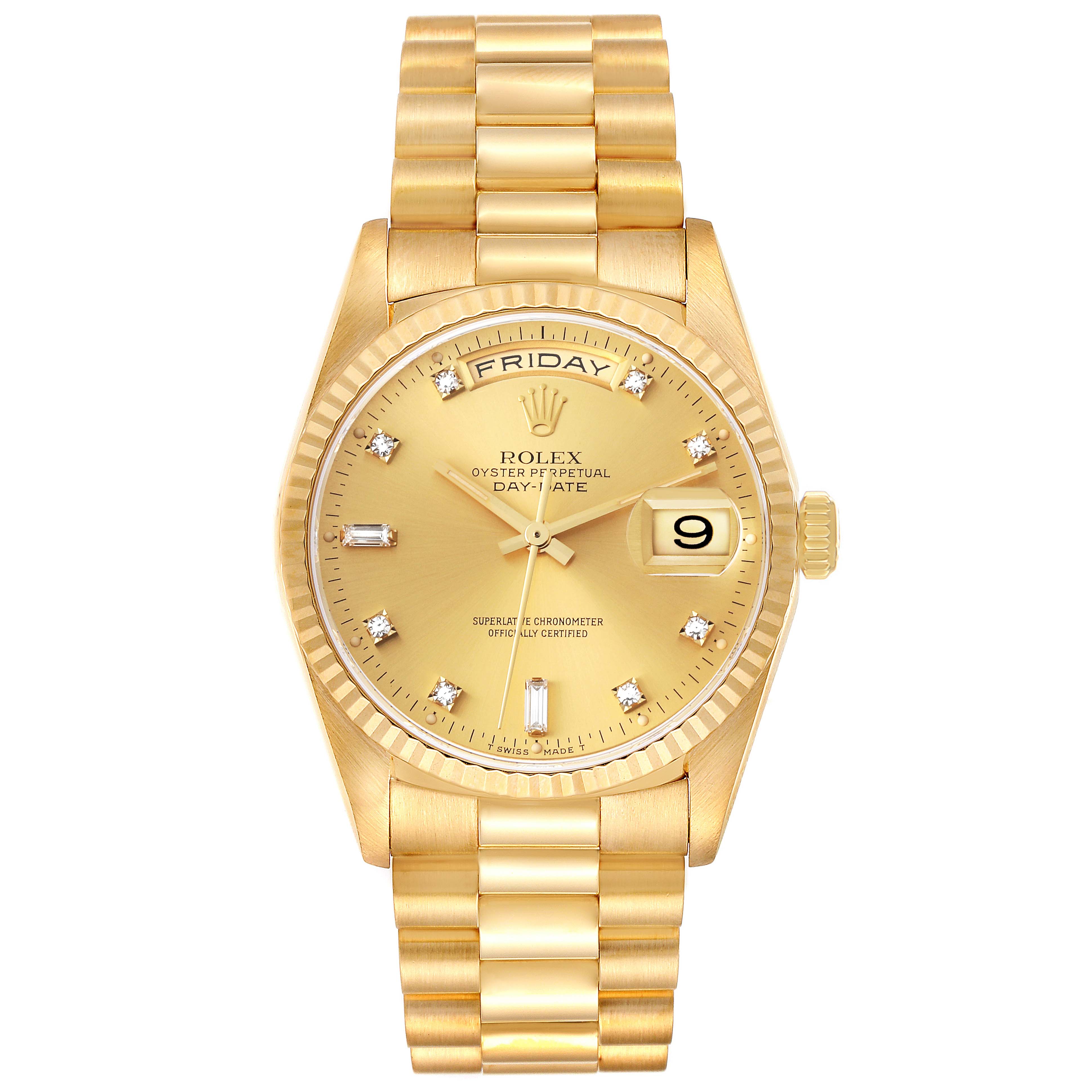 This is a straight-on view of the Rolex President 18238 Men
s Yellow Gold Champagne Dial 18238 Men
s Yellow Gold Champagne Dial model, showcasing the dial, bracelet, and day-date features.