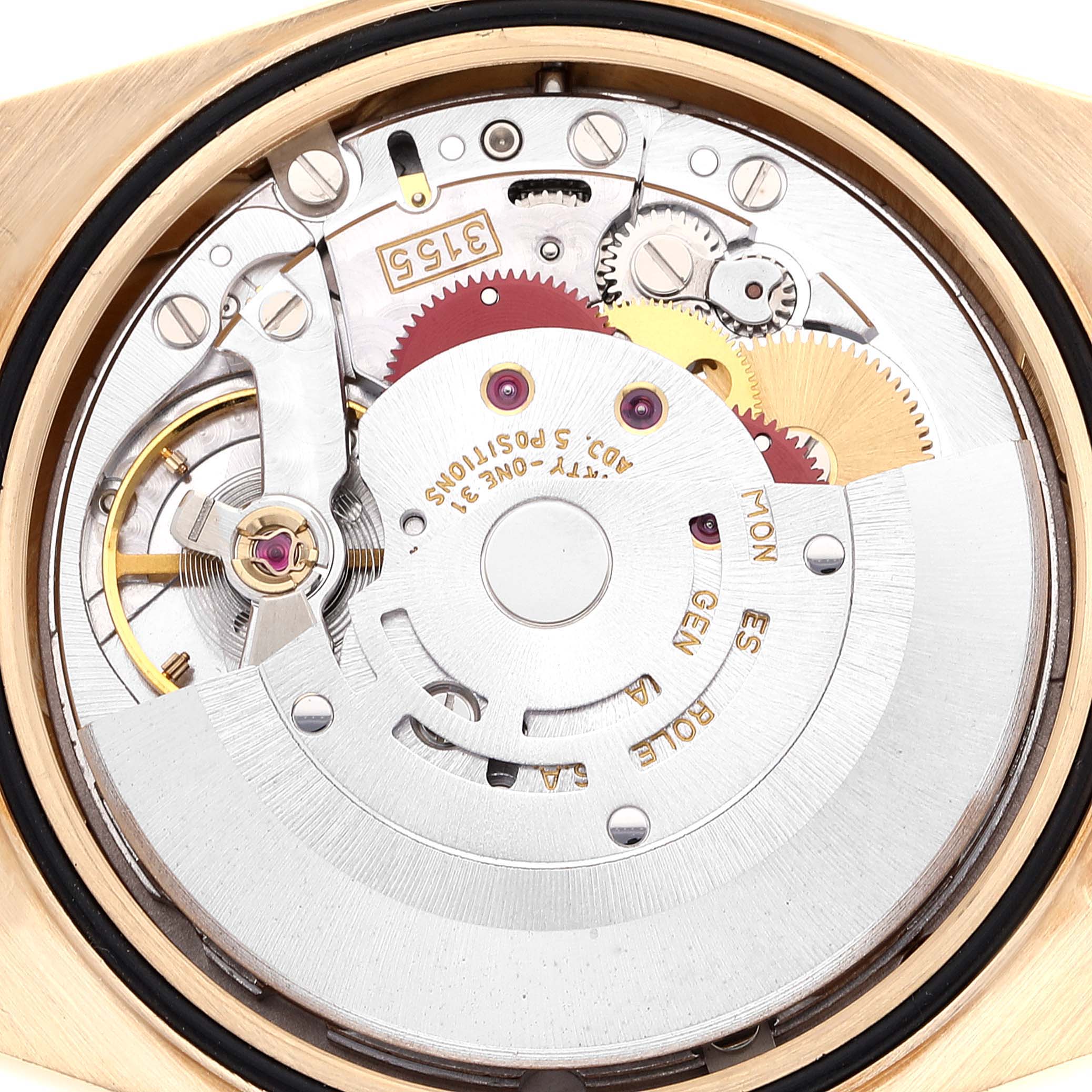 This image shows the internal movement components of a Rolex President 18238 Men
s Yellow Gold Champagne Dial 18238 Men
s Yellow Gold Champagne Dial model watch, viewed from the back.