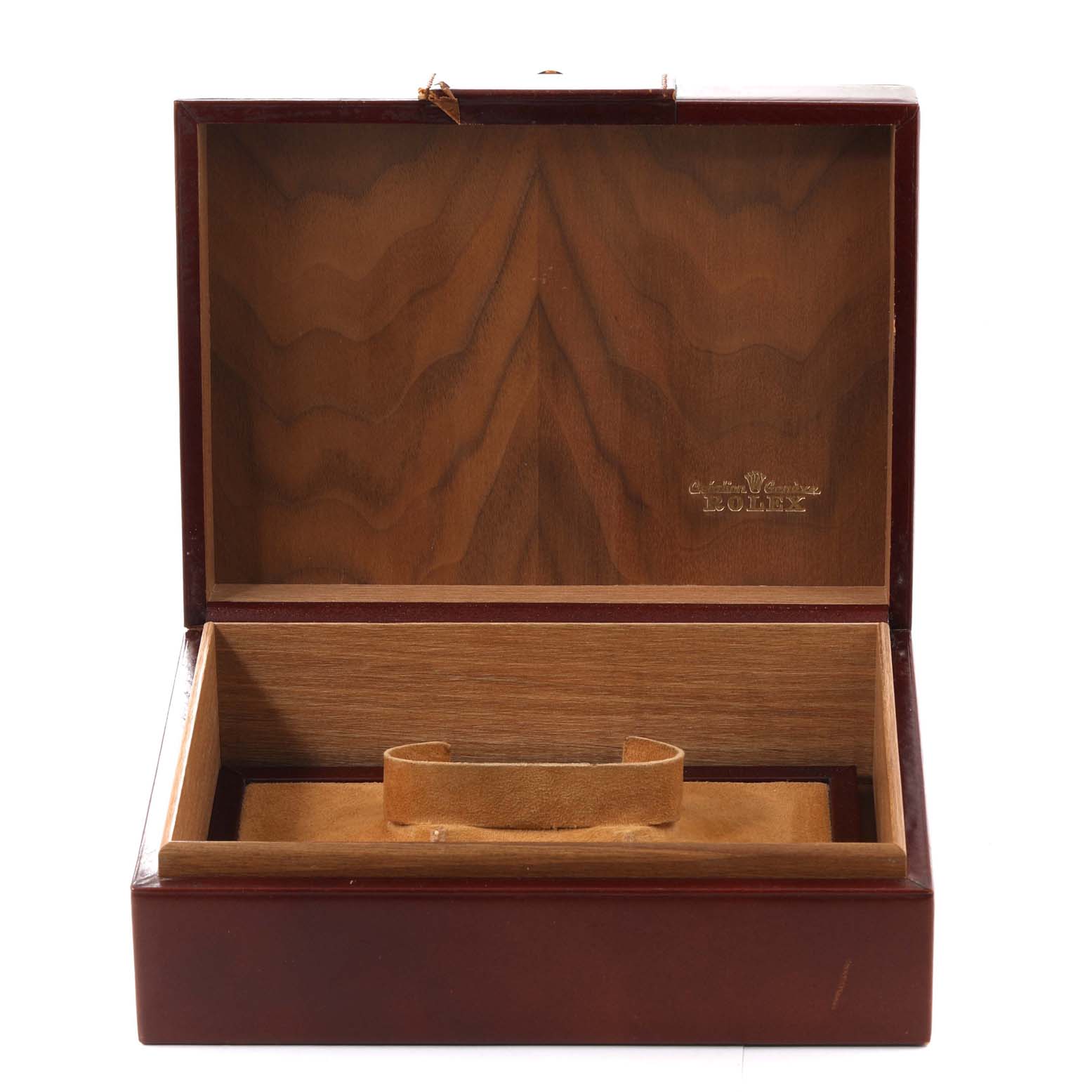The image shows an open wooden watch box for the Rolex President 18238 Men
s Yellow Gold Champagne Dial 18238 Men
s Yellow Gold Champagne Dial model, viewed from the front.