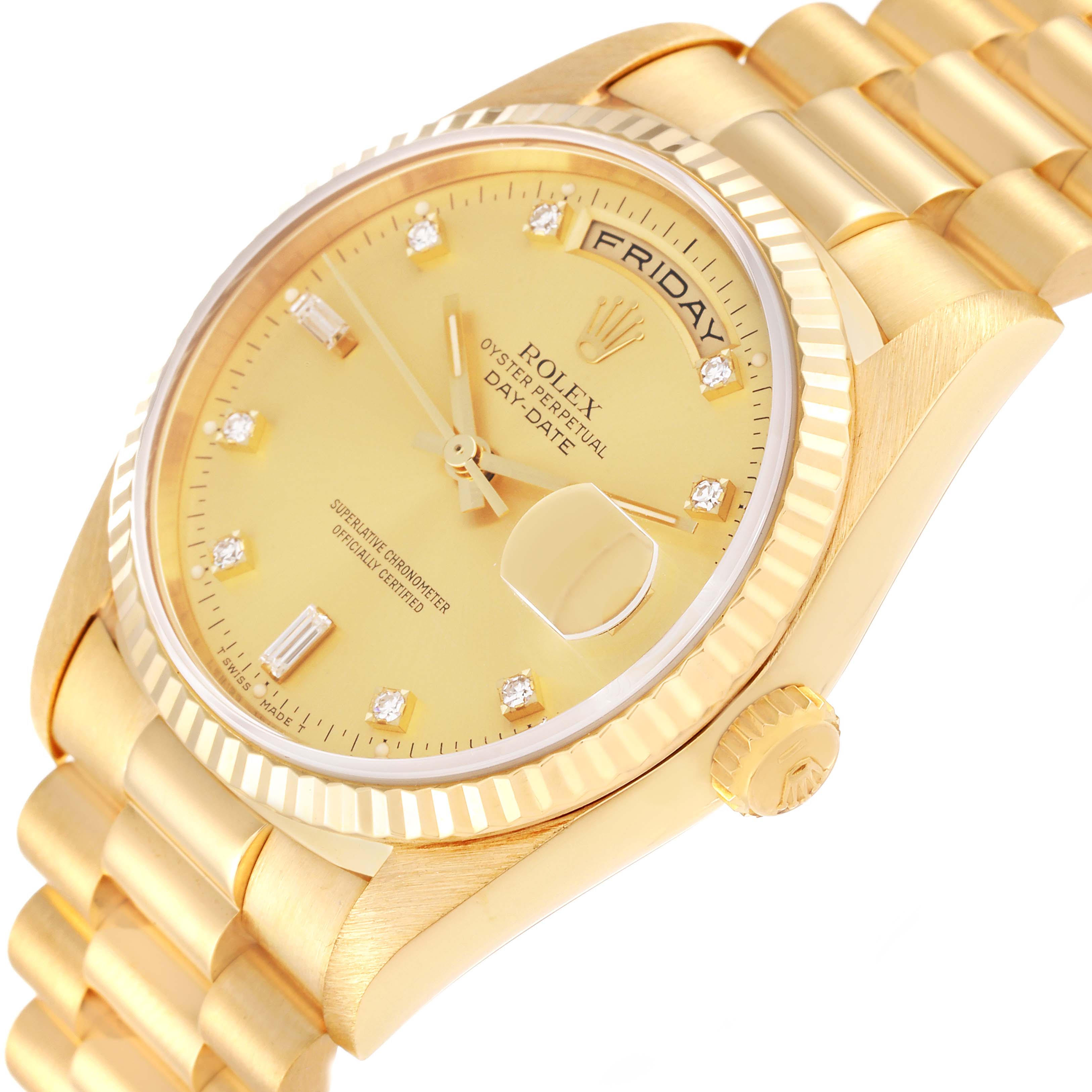 This image shows a close-up, angled view of a Rolex President 18238 Men
s Yellow Gold Champagne Dial 18238 Men
s Yellow Gold Champagne Dial model watch, highlighting its dial, bezel, and part of the bracelet.