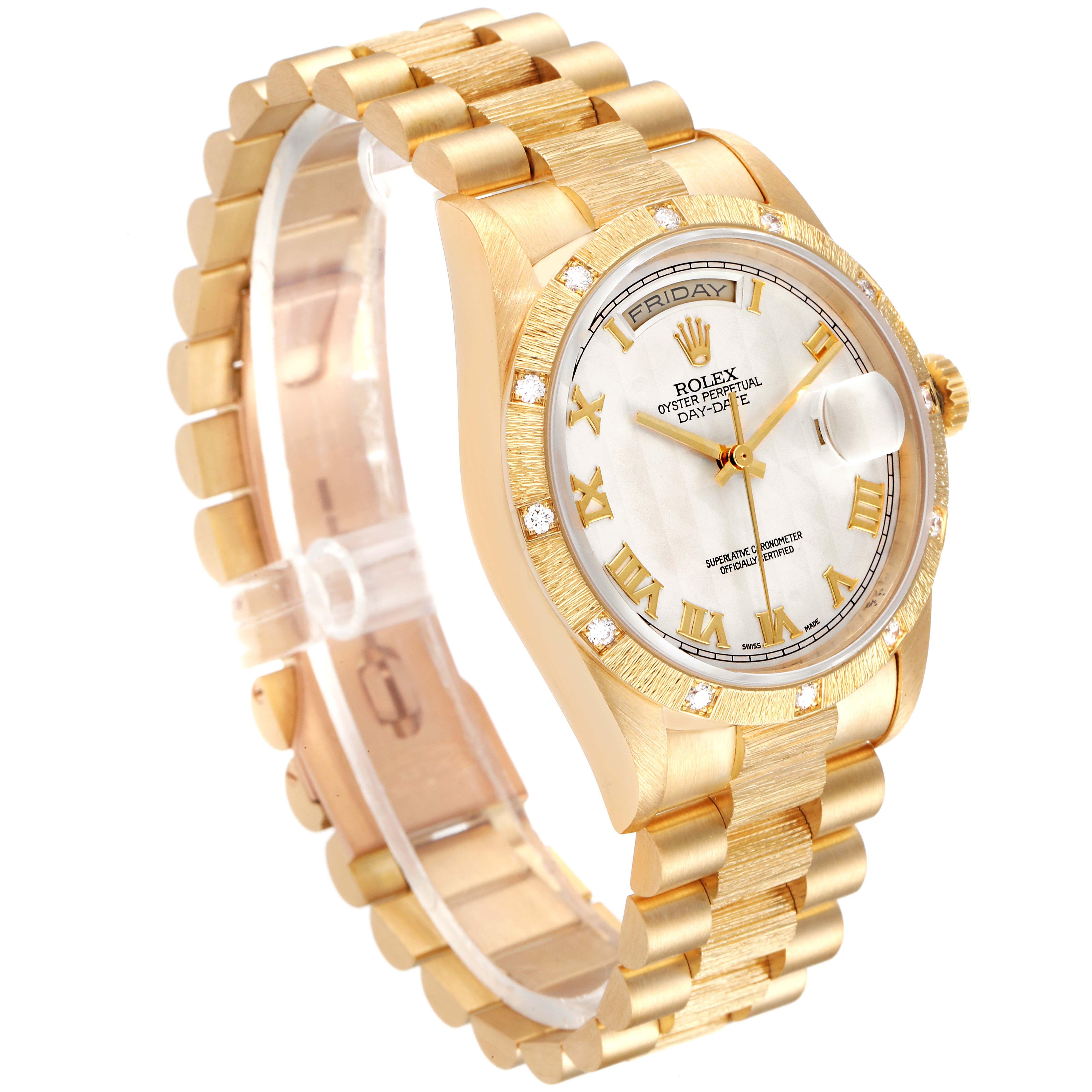 The Rolex President 18308 Men's Yellow Gold Beige Dial 18308 Men's Yellow Gold Beige Dial model watch is shown from an angled side view, displaying its dial, gold bracelet, and bezel.