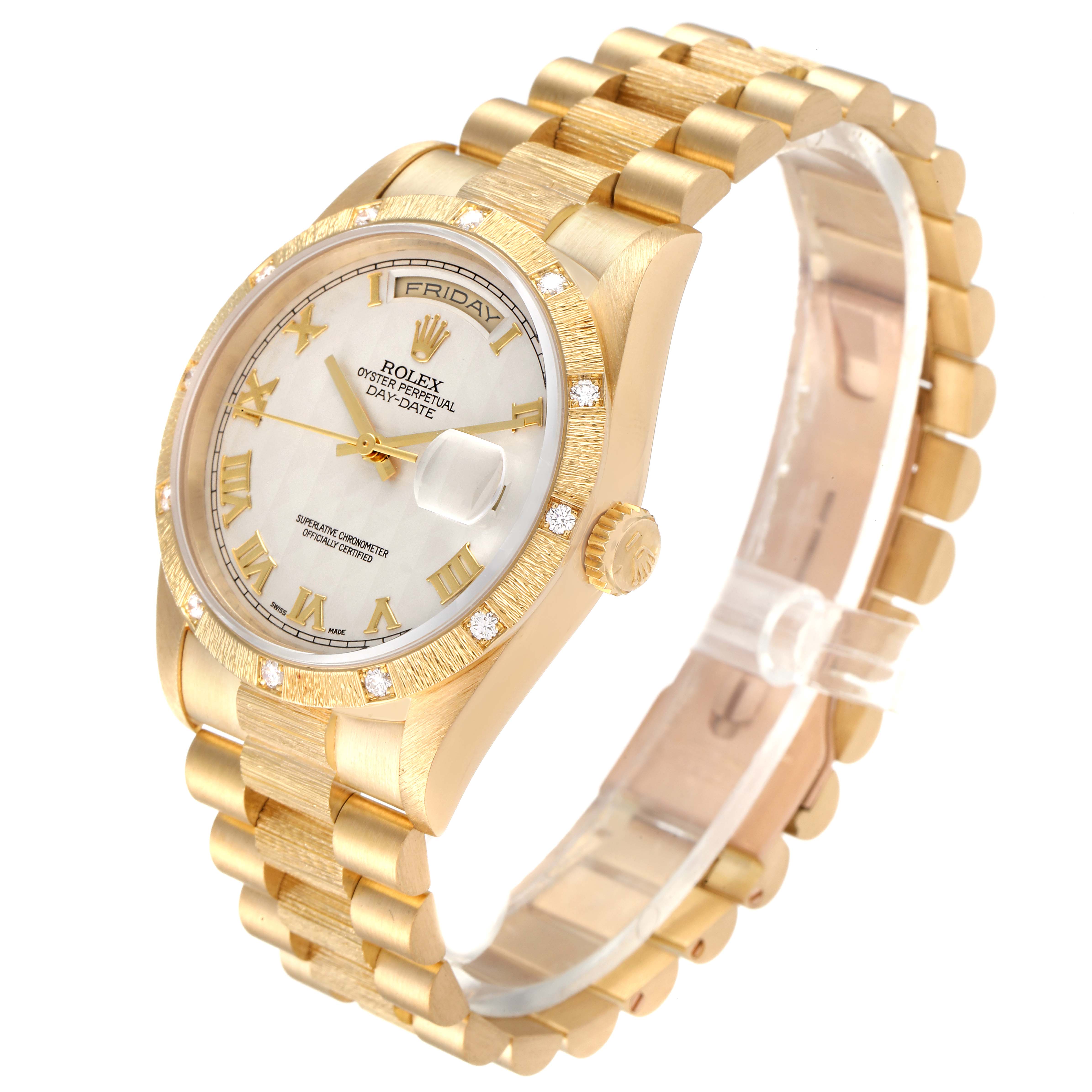 This image shows a Rolex President 18308 Men's Yellow Gold Beige Dial 18308 Men's Yellow Gold Beige Dial model watch at a slight angle, highlighting the face, bezel, and band.