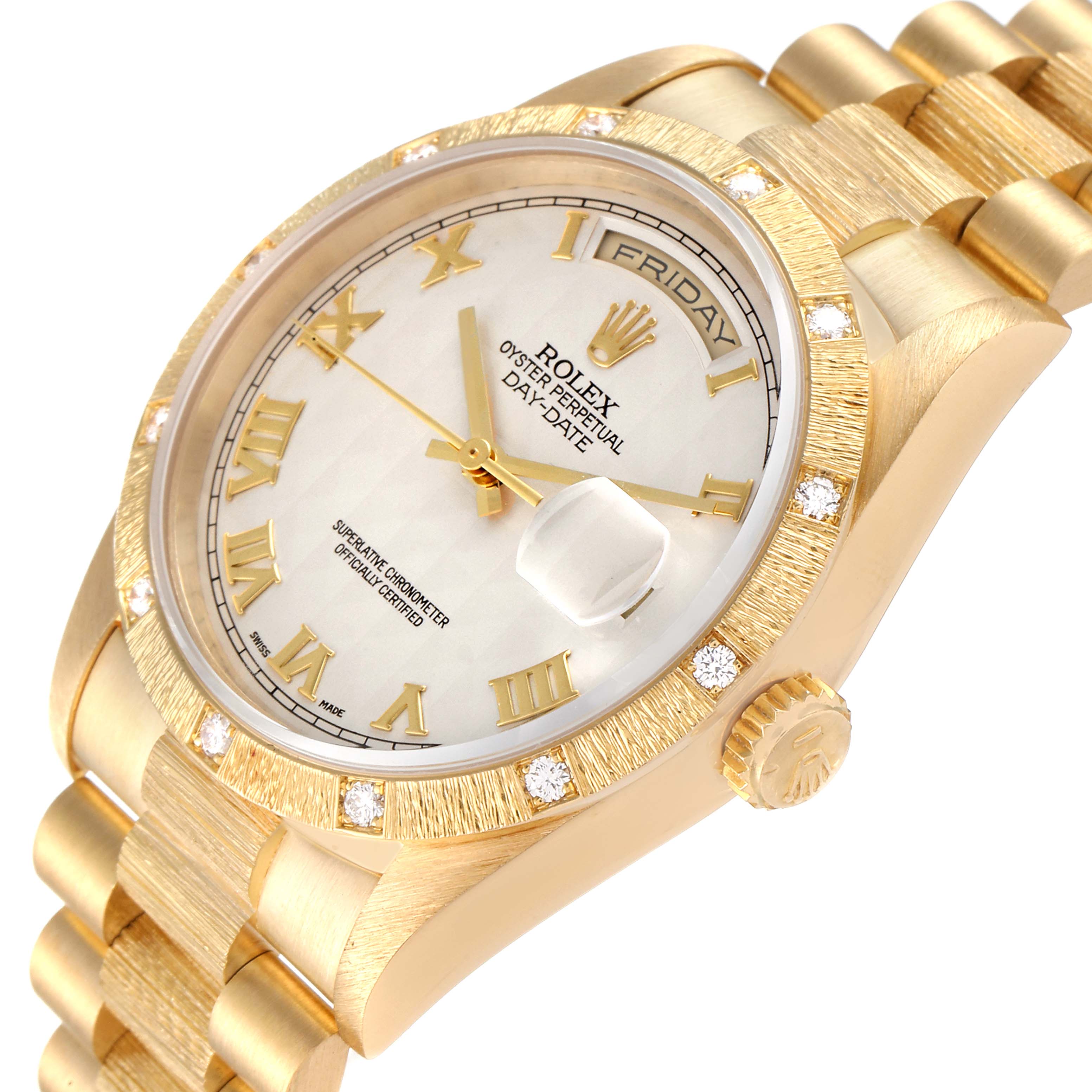 The image shows a detailed view of the Rolex President 18308 Men's Yellow Gold Beige Dial 18308 Men's Yellow Gold Beige Dial model watch, highlighting its face, bezel, crown, and bracelet.