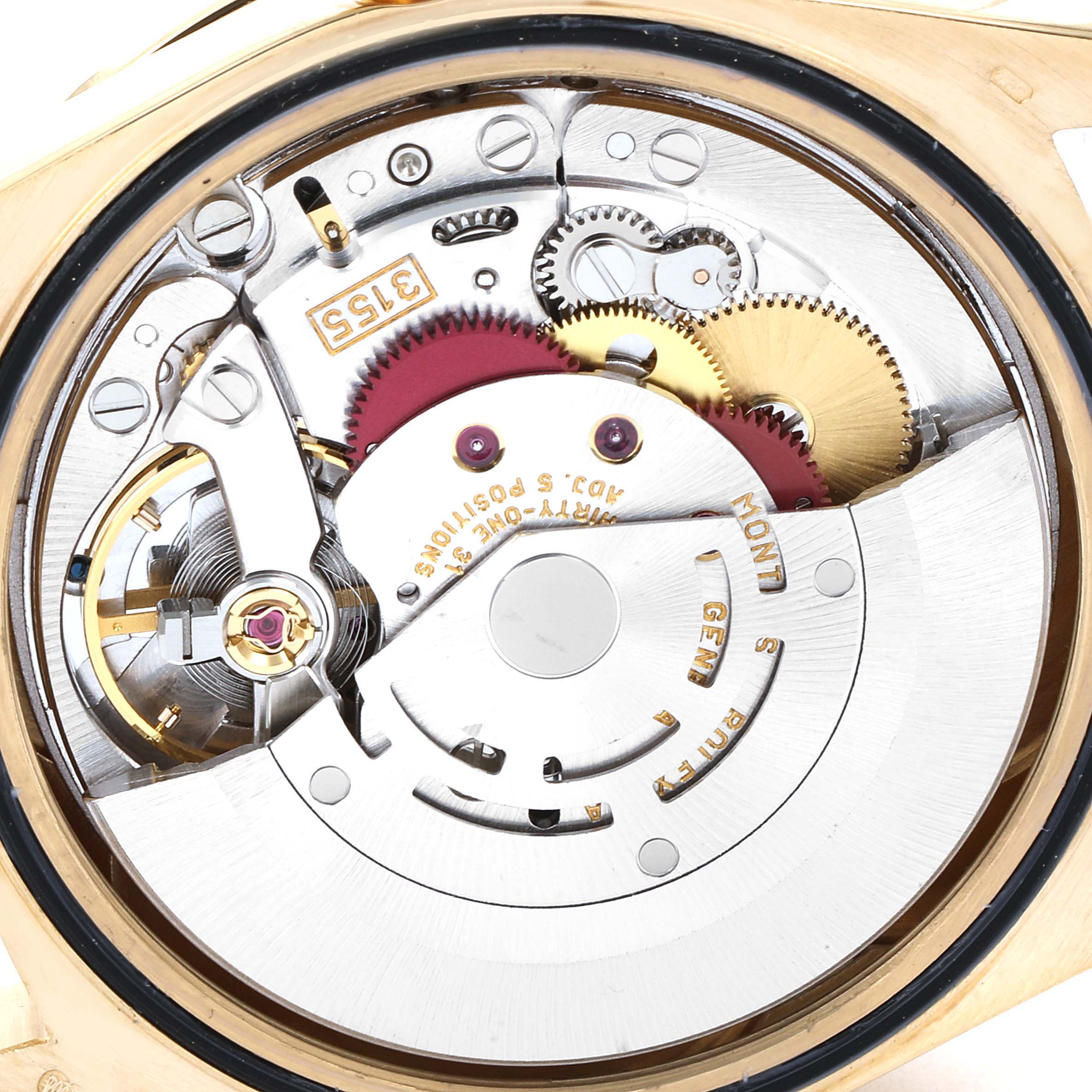This image shows the inner mechanical movement of a Rolex President 18308 Men's Yellow Gold Beige Dial 18308 Men's Yellow Gold Beige Dial model watch from a close-up top-down angle.