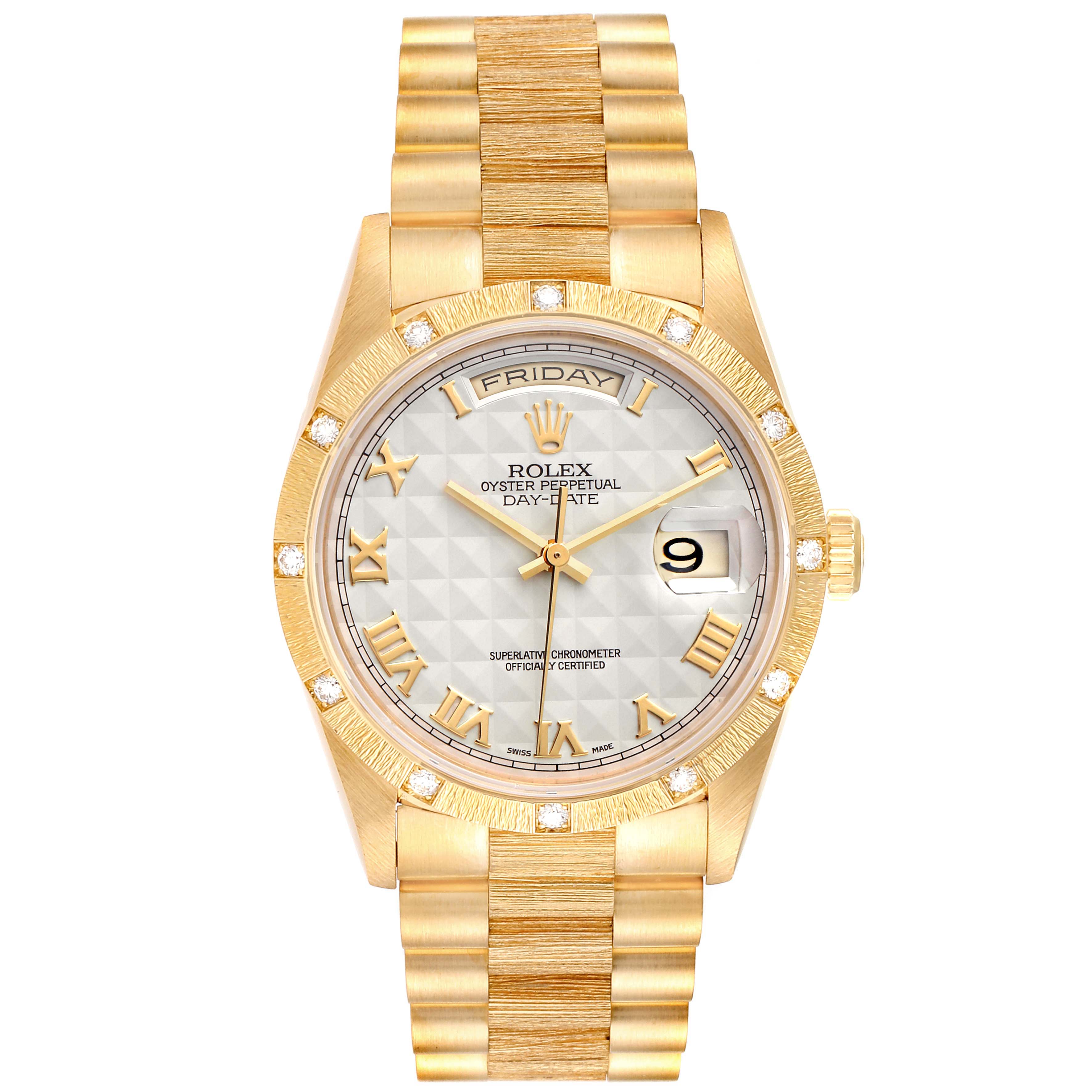 The image shows a front view of a Rolex President 18308 Men's Yellow Gold Beige Dial 18308 Men's Yellow Gold Beige Dial model watch, displaying its dial, bezel, bracelet, and crown.