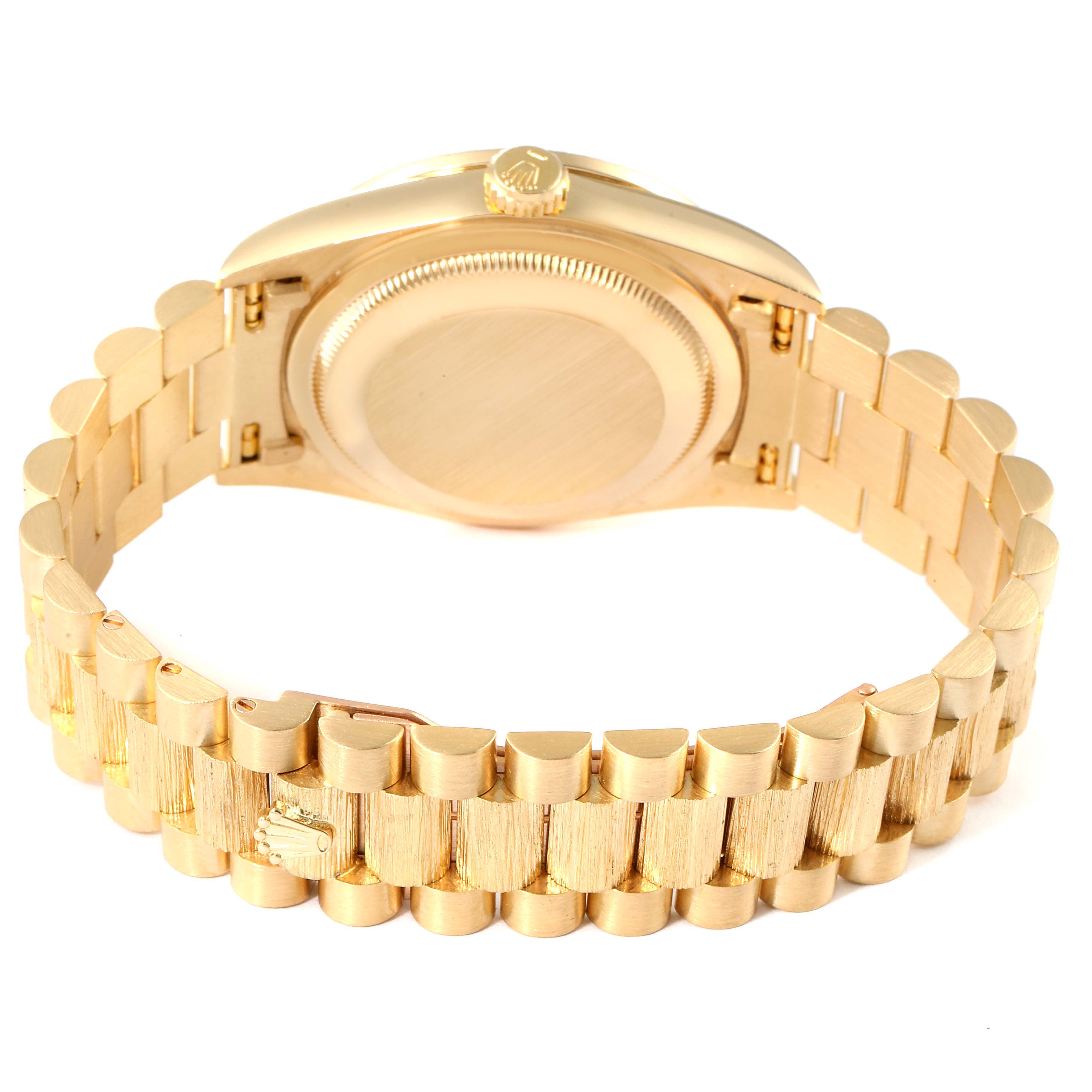 The image shows the back and bracelet of a Rolex President 18308 Men's Yellow Gold Beige Dial 18308 Men's Yellow Gold Beige Dial model watch from a rear angle.