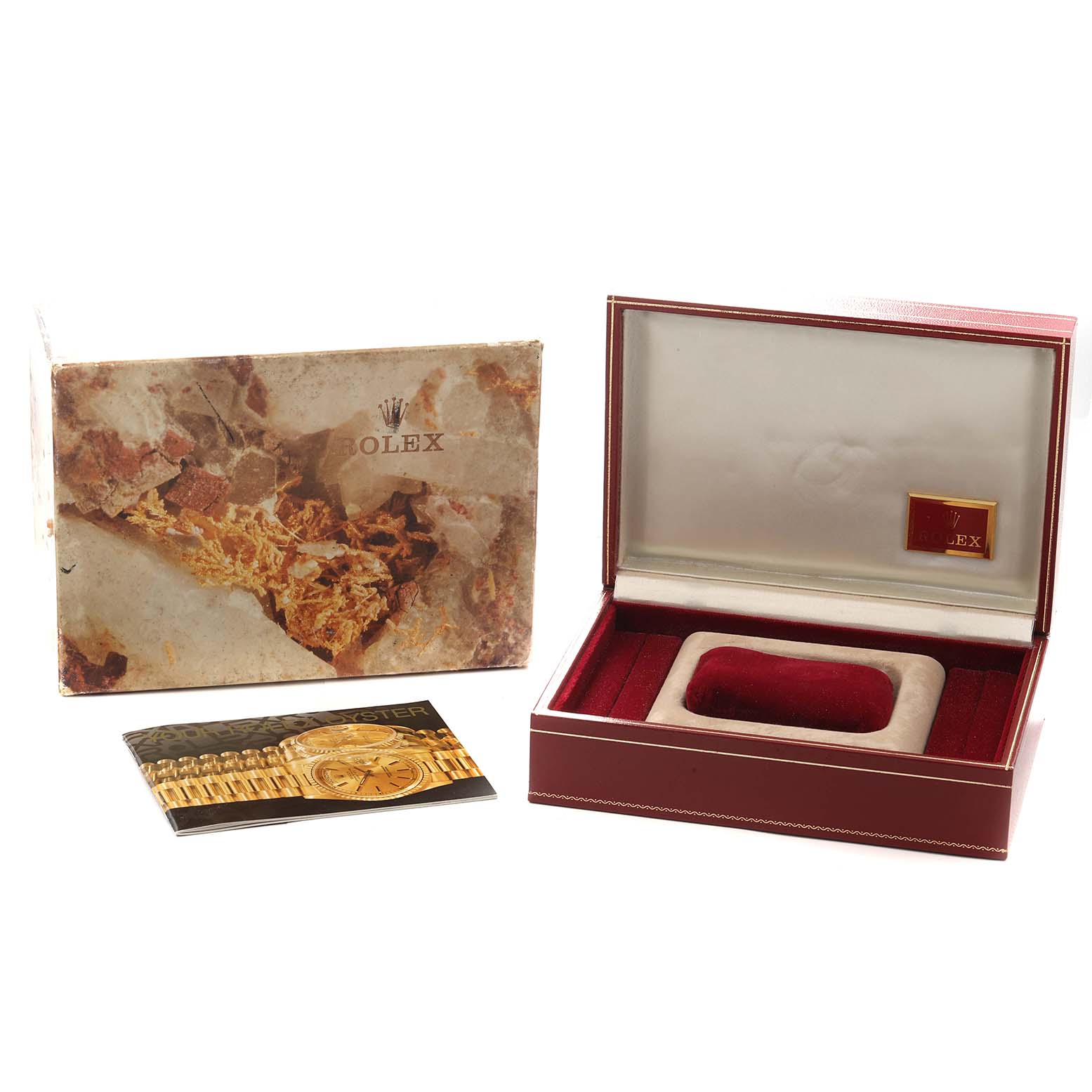 The image shows the packaging and presentation box for a Rolex President 68278 Women
s Yellow Gold Black Dial model, along with a booklet, viewed from the front.