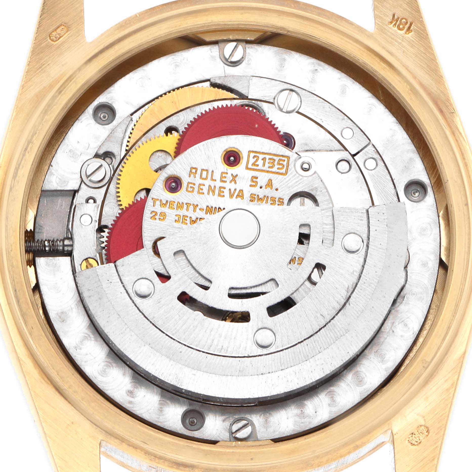 The image shows the internal mechanical movement of a Rolex President 68278 Women
s Yellow Gold Black Dial model watch from a top-down angle.