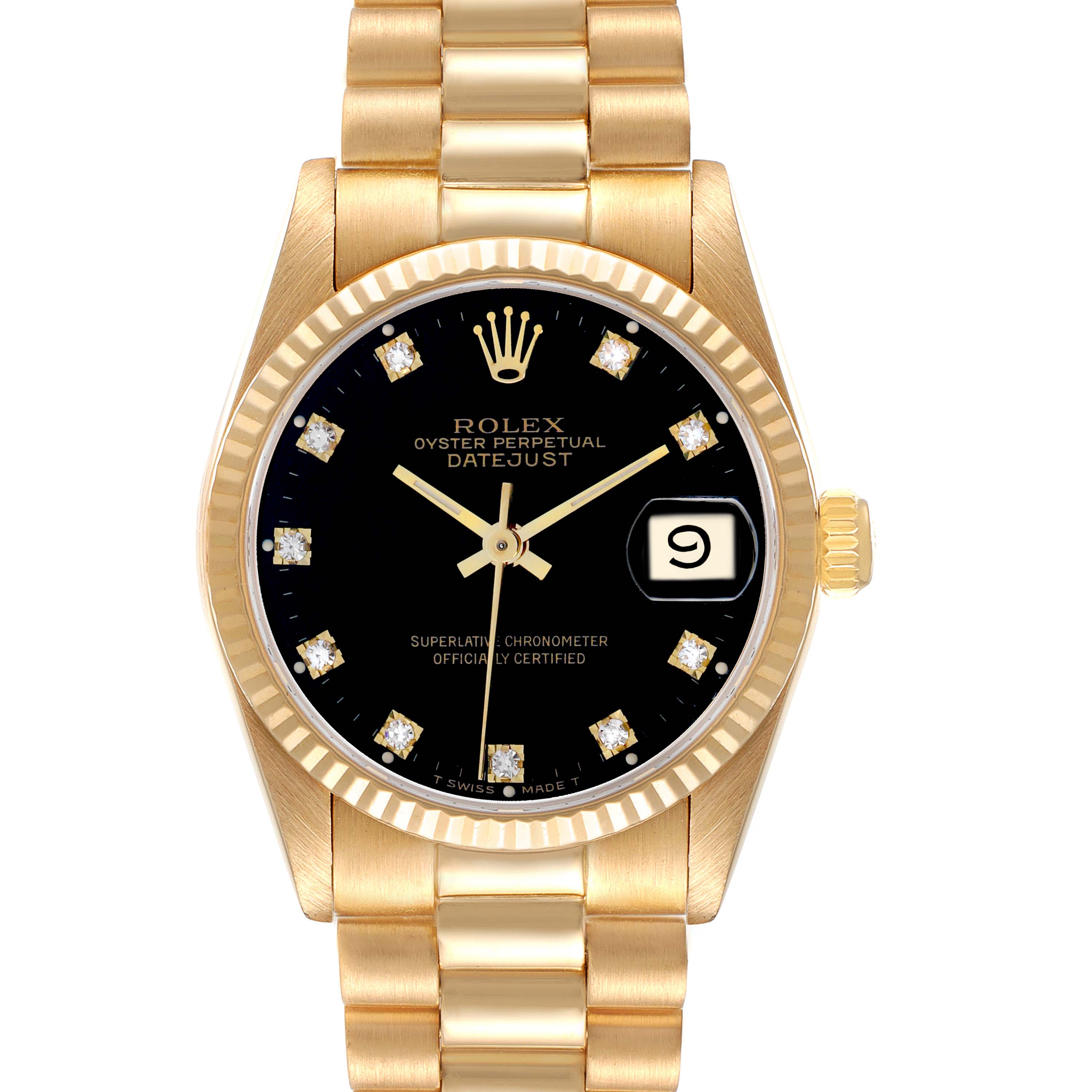 The Rolex President 68278 Women
s Yellow Gold Black Dial model is shown from a top view, featuring its gold band, black dial, date window, and diamond markers.