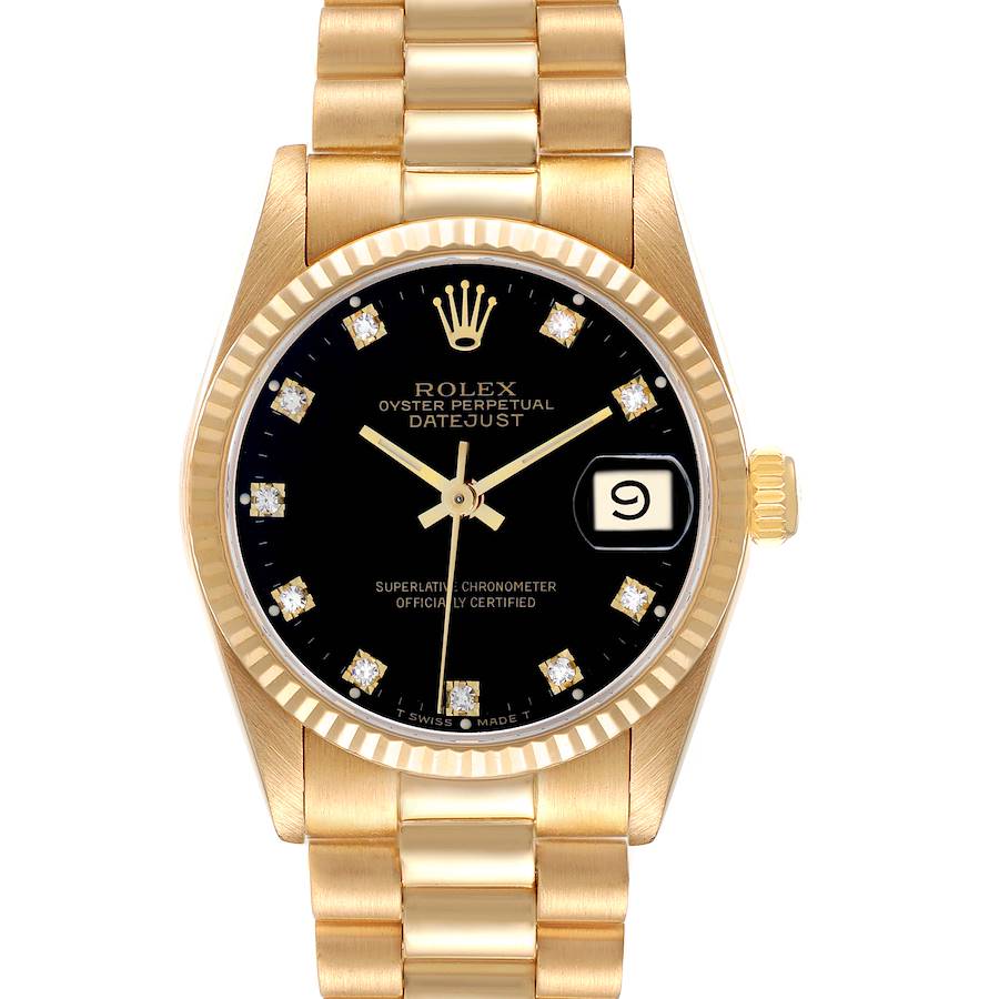 The Rolex President 68278 Women's Yellow Gold Black Dial model is shown from a top view, featuring its gold band, black dial, date window, and diamond markers.