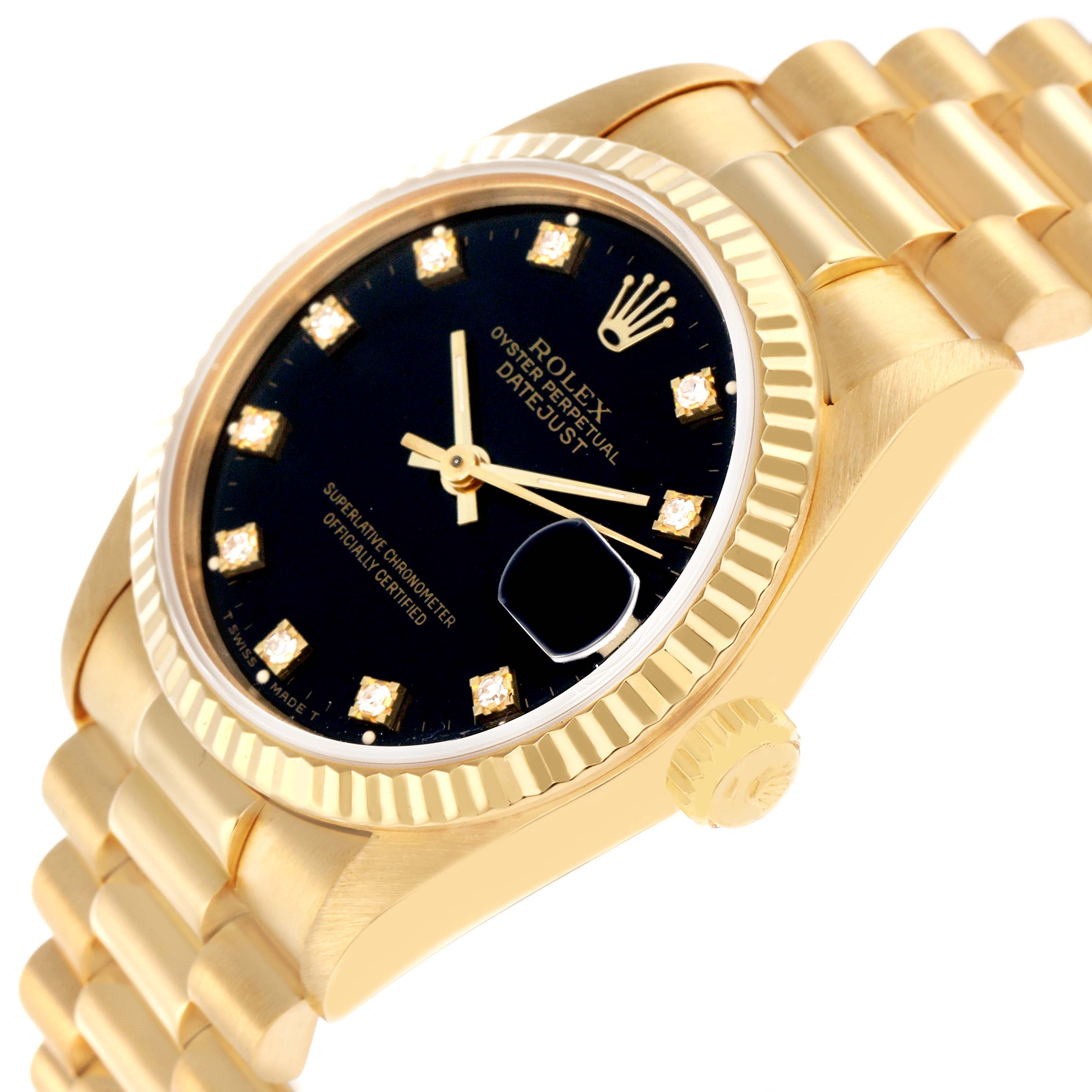 The Rolex President 68278 Women
s Yellow Gold Black Dial model is shown in a side angle, highlighting its gold bezel, crown, black dial, and bracelet.