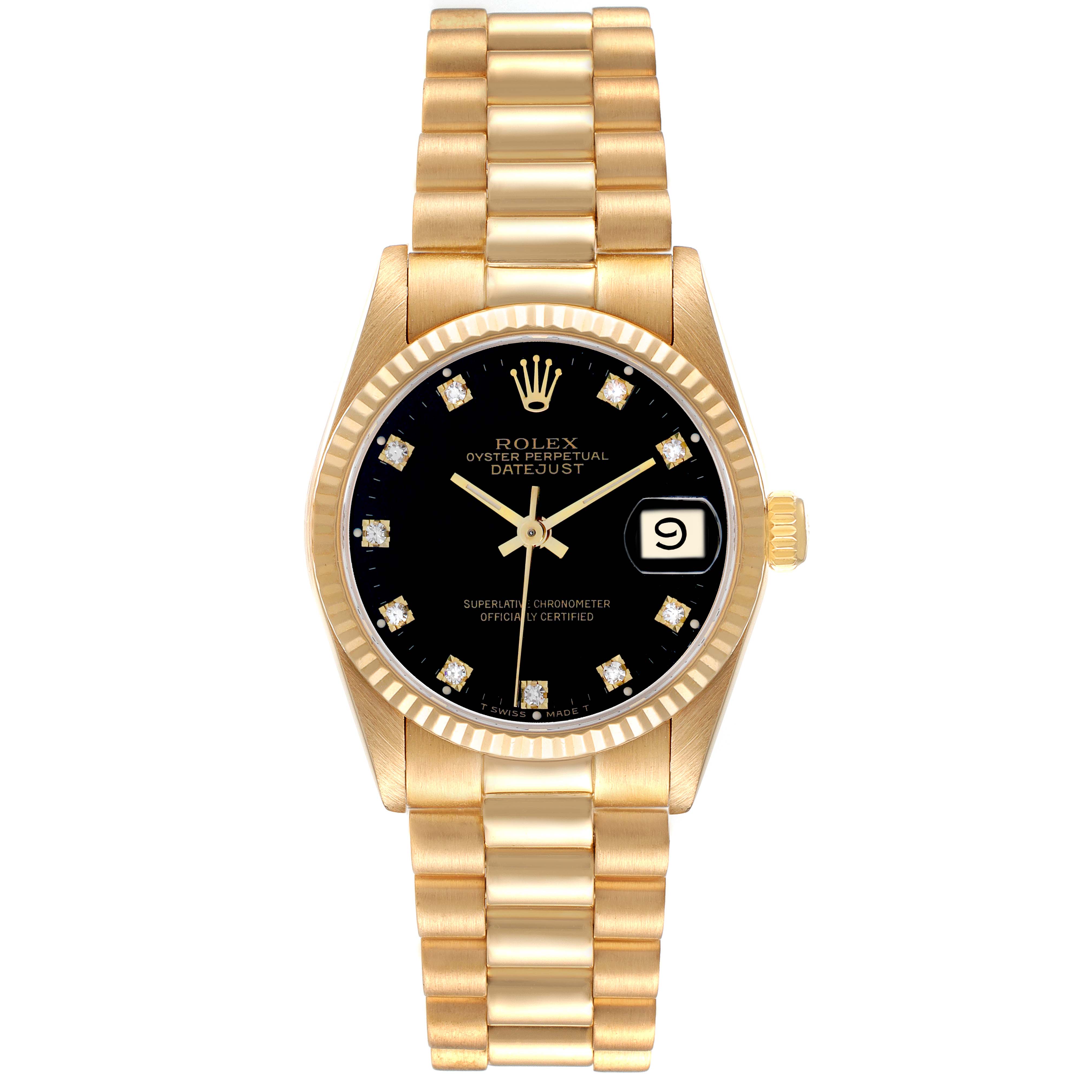 The Rolex President 68278 Women
s Yellow Gold Black Dial watch is shown from a top-down angle, highlighting the dial, bezel, and bracelet.