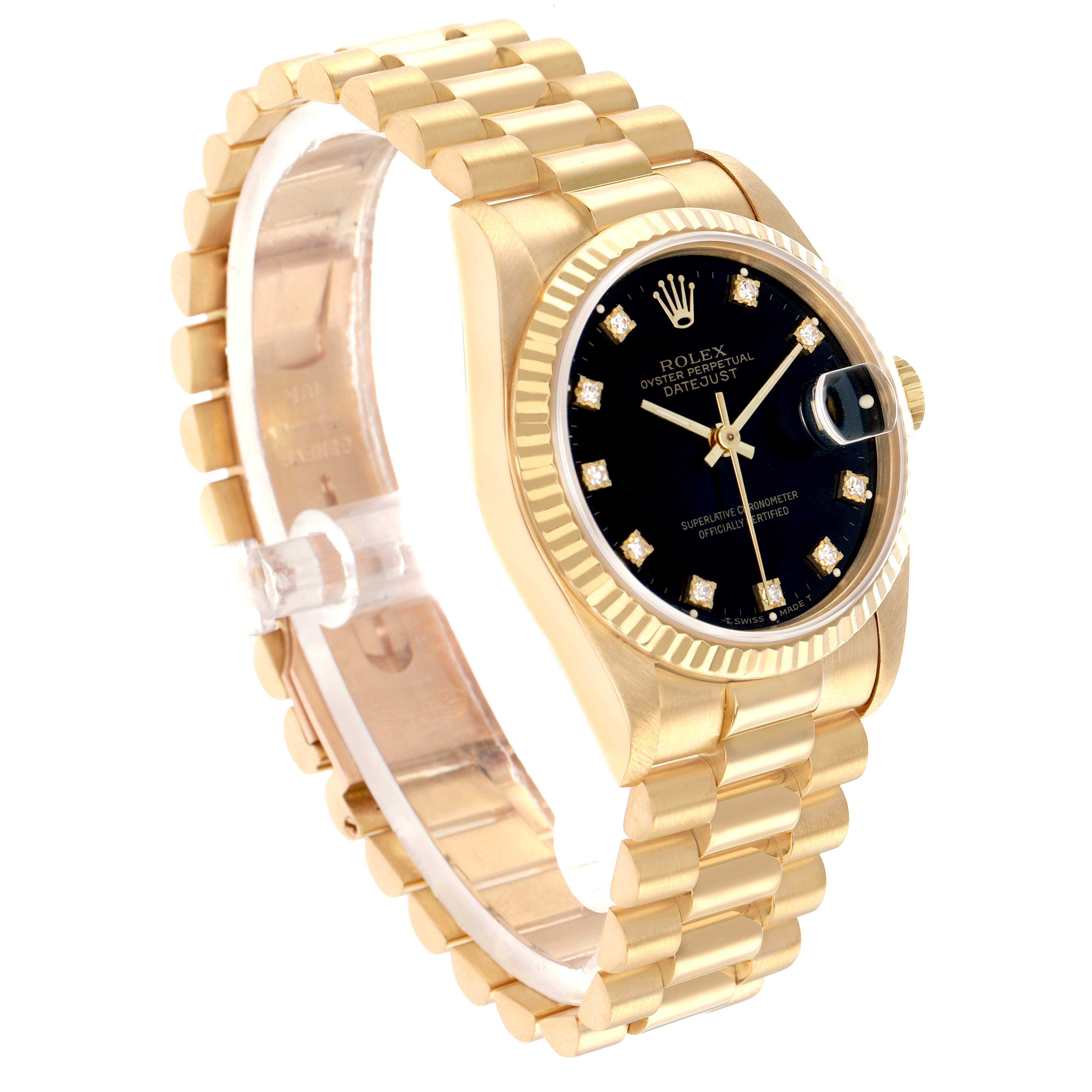 The Rolex President 68278 Women
s Yellow Gold Black Dial model watch is shown at a three-quarter angle, highlighting the bracelet, case, and dial with diamond markers.
