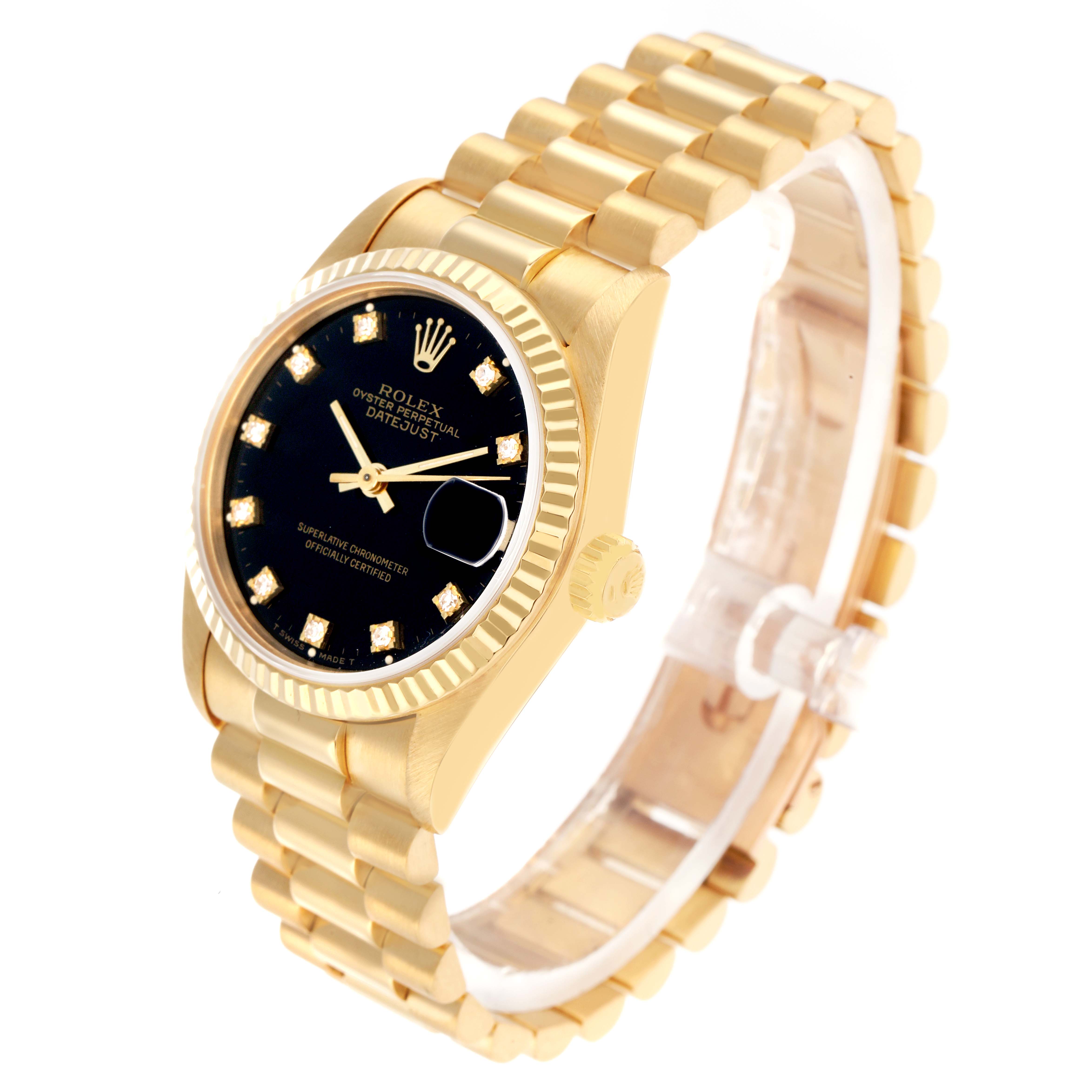 The Rolex President 68278 Women
s Yellow Gold Black Dial model watch is shown at an angled view, highlighting the gold case, black dial, diamond markers, and bracelet.