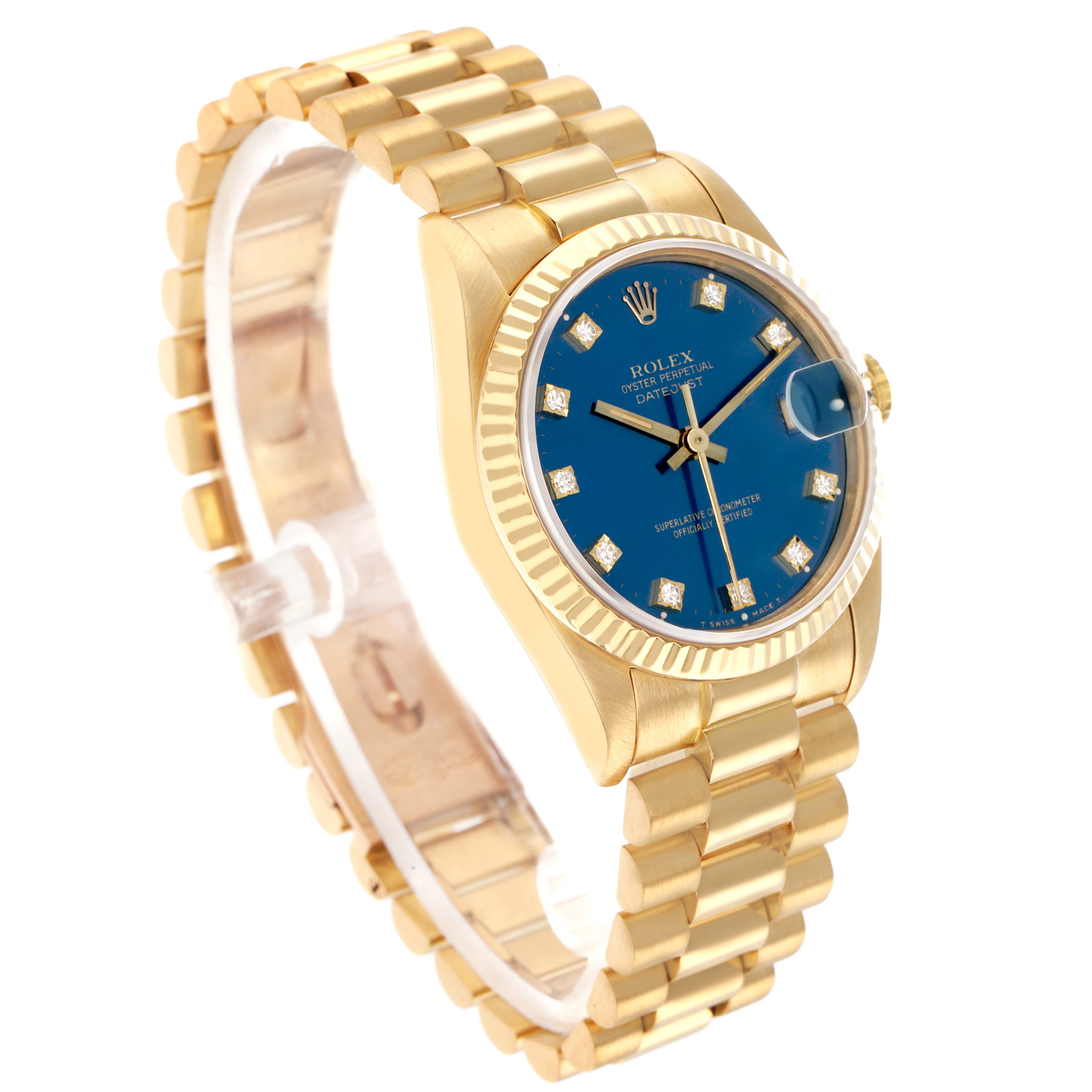The Rolex President 68278 Women
s Yellow Gold Blue Dial model watch is shown at a three-quarter angle, highlighting the bracelet, blue dial, and fluted bezel.