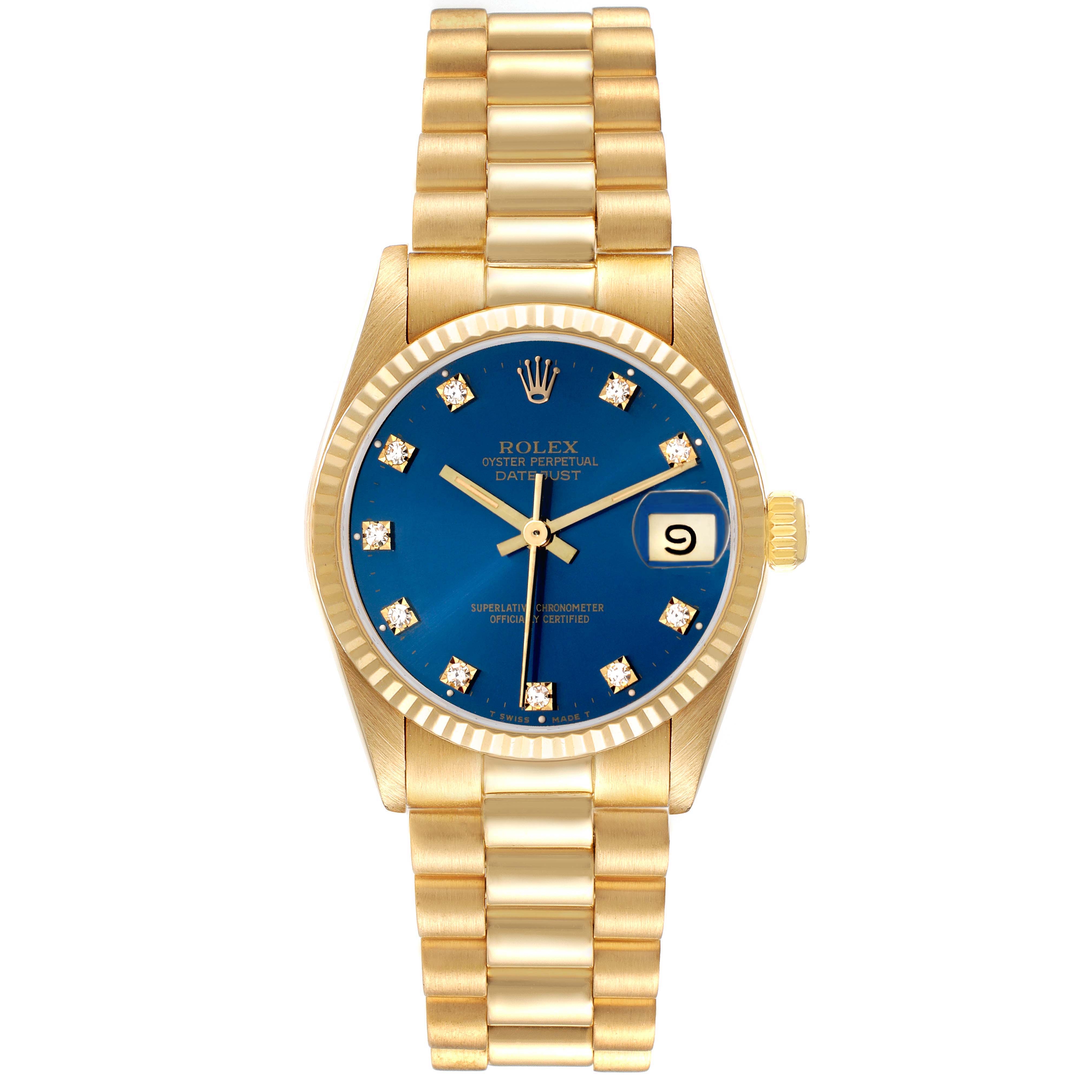 The Rolex President 68278 Women
s Yellow Gold Blue Dial model watch is shown from the front, displaying the gold bracelet, blue dial, and fluted bezel.