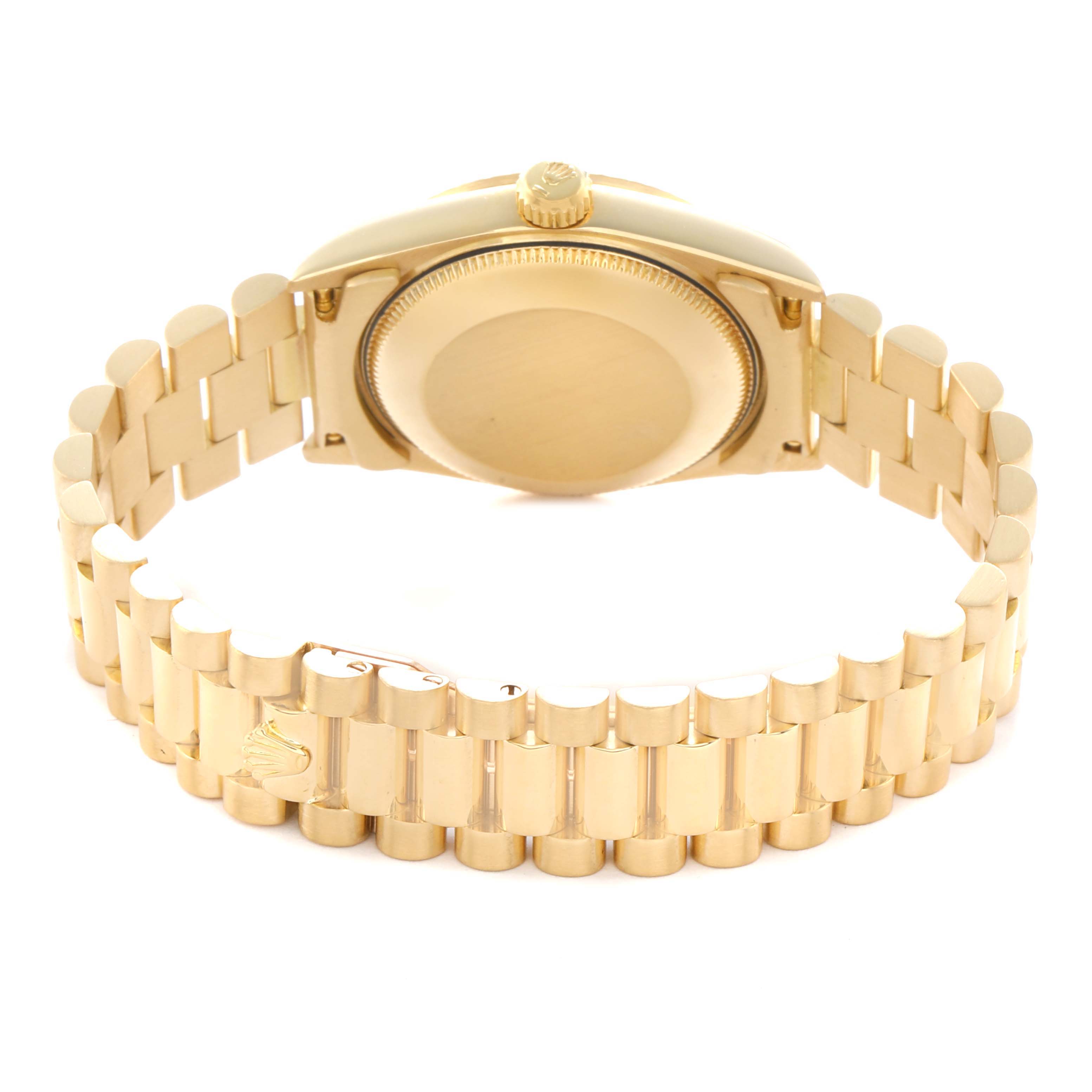 The image shows the back and bracelet of a Rolex President 68278 Women
s Yellow Gold Blue Dial watch, highlighting the clasp and case back.