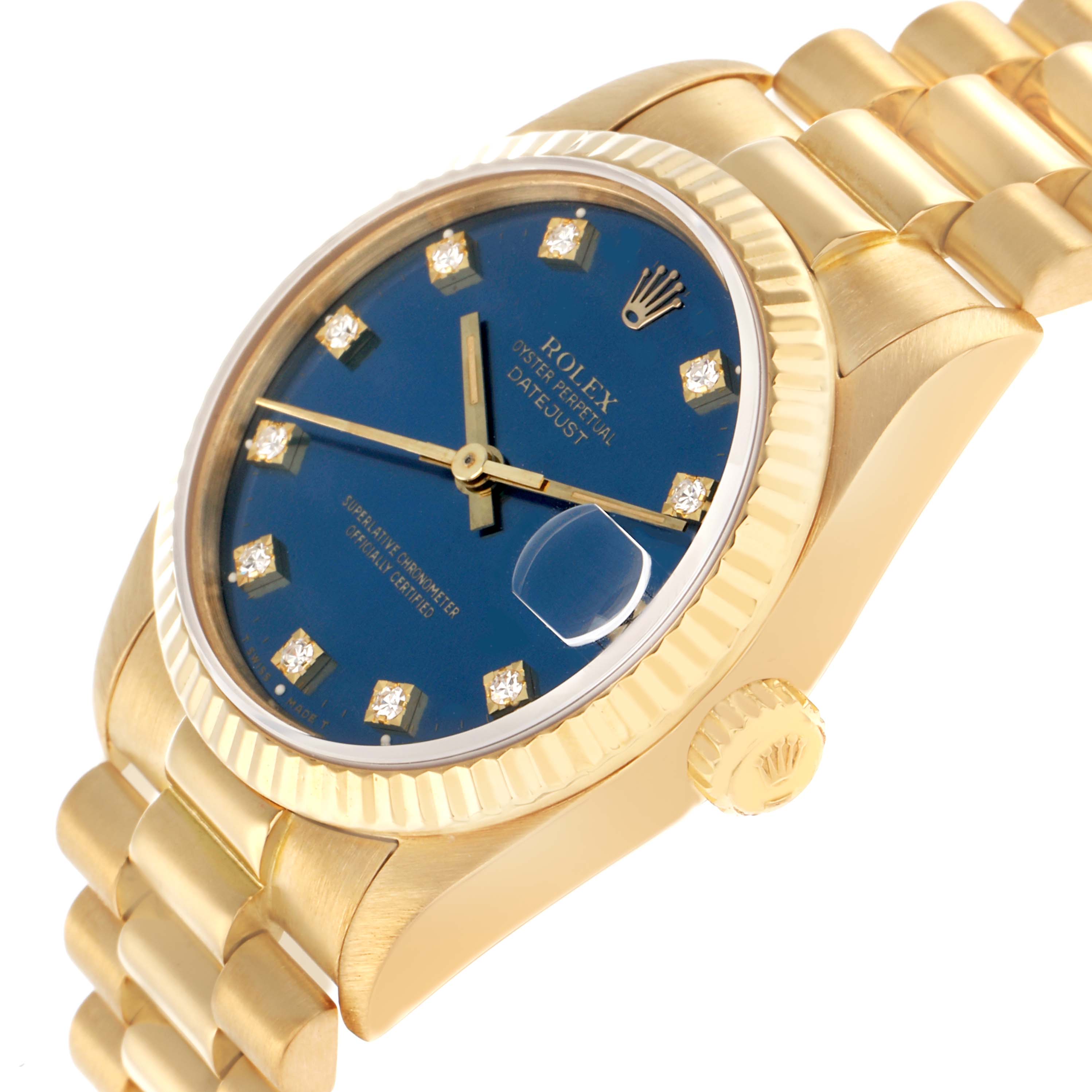 The Rolex President 68278 Women
s Yellow Gold Blue Dial model is shown at a slight side angle, displaying the blue dial, fluted bezel, crown, and bracelet.