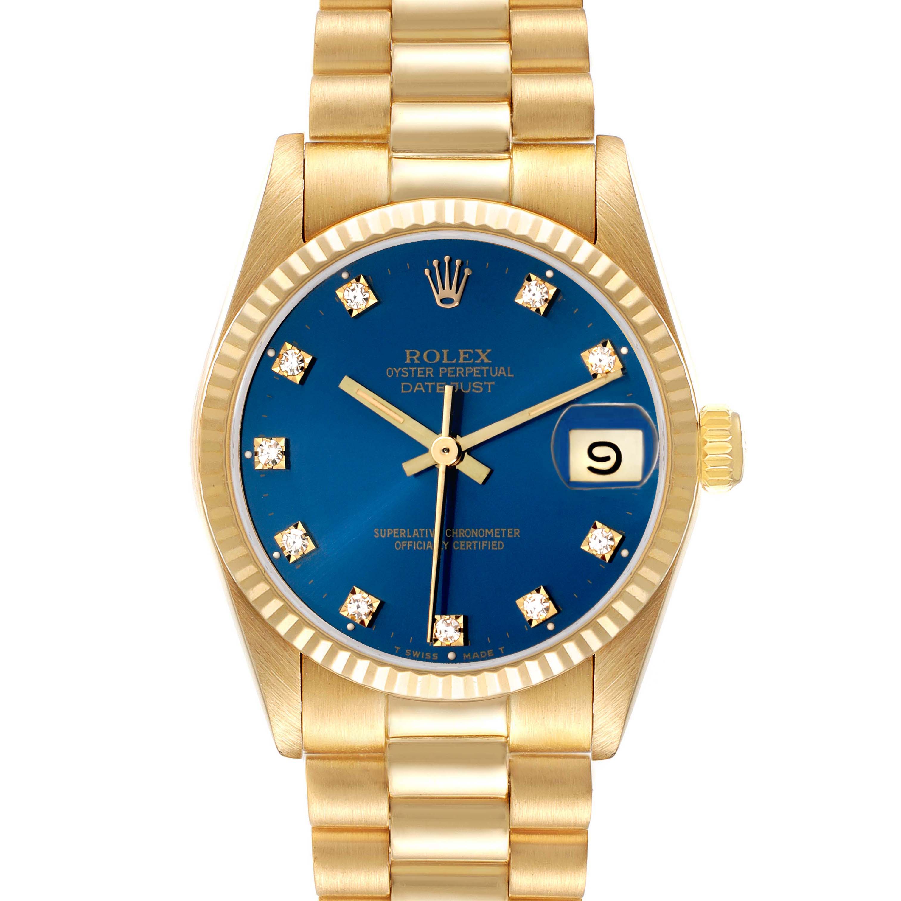 The Rolex President 68278 Women
s Yellow Gold Blue Dial watch is shown from the front, highlighting the blue dial, diamond hour markers, gold bezel, case, and bracelet.