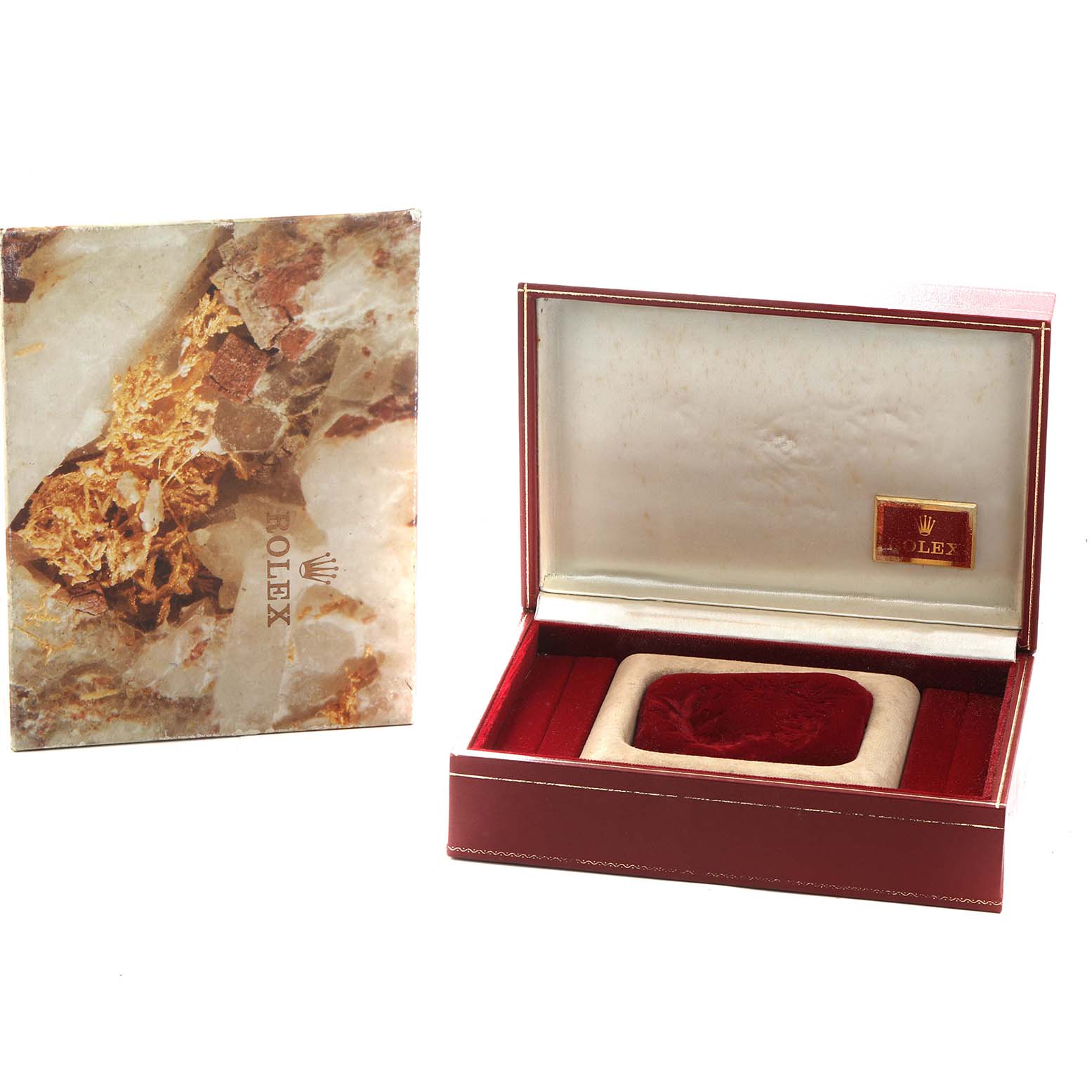 The image shows a Rolex President 68278 Women
s Yellow Gold Blue Dial model watch box and its outer packaging from the front angle.